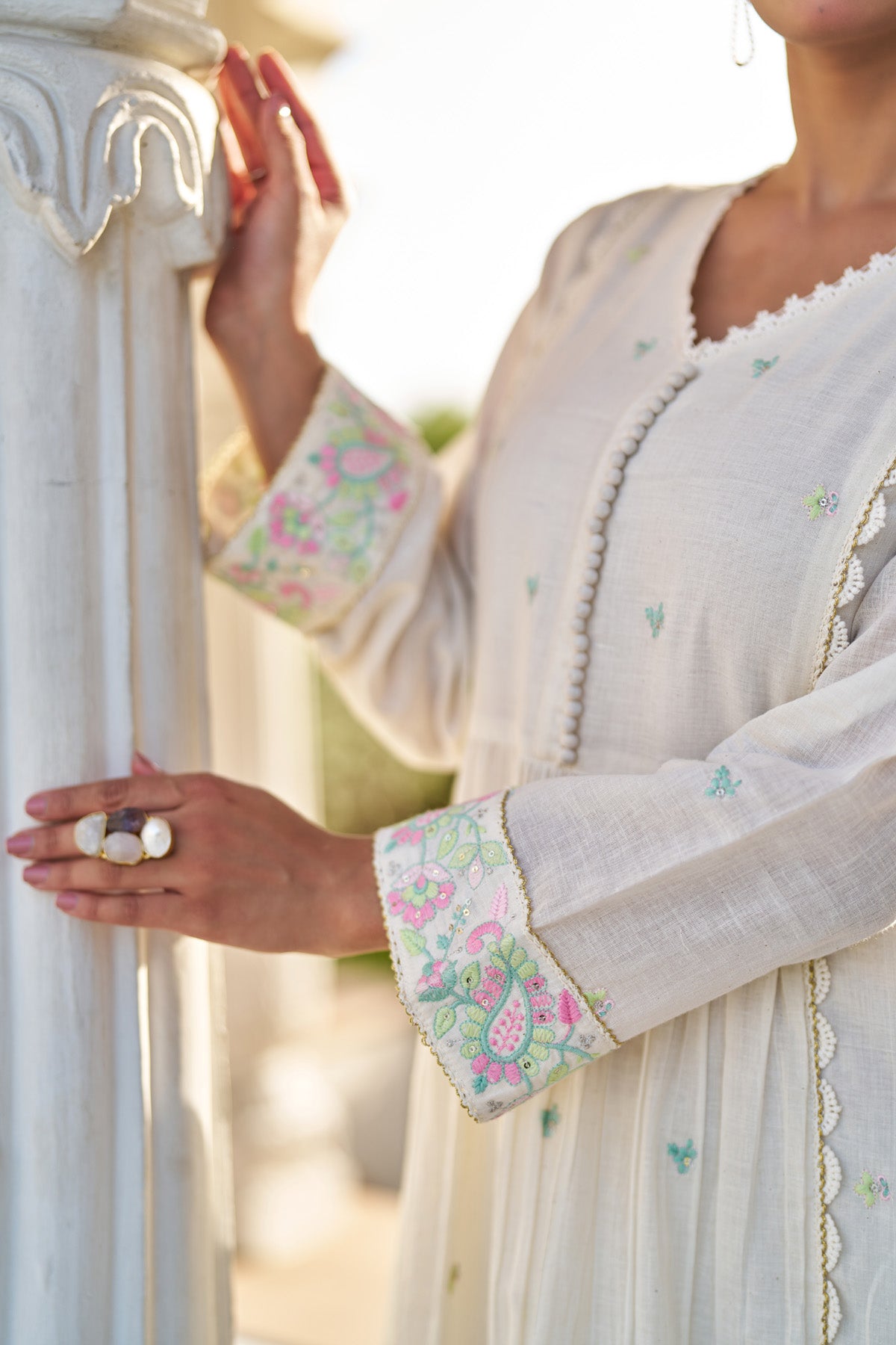 White Mul Mul Embroidered Anarkali Suit Set With Dupatta
