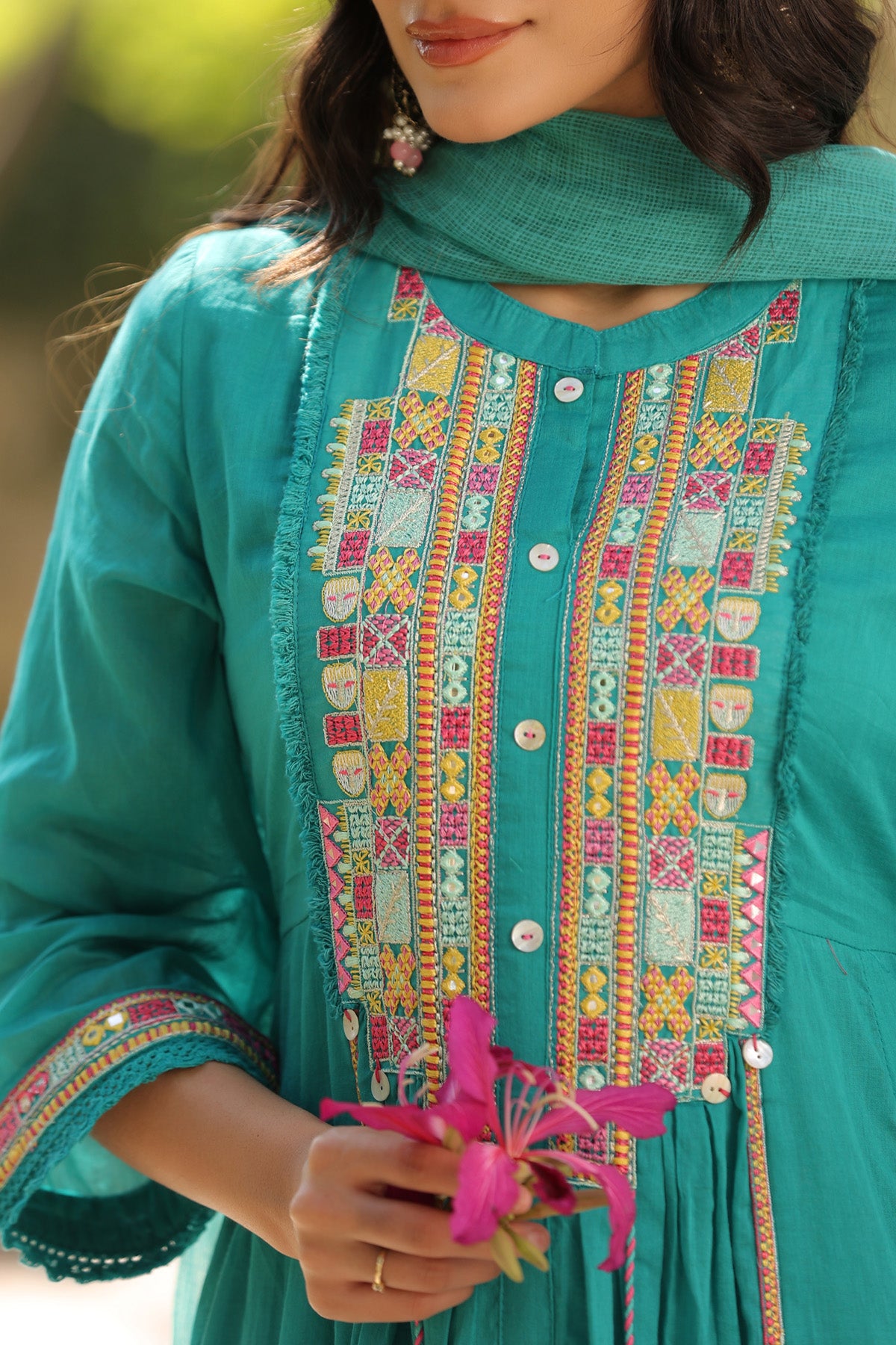 Turquoise Blue Mul Mul Embroidered Anarkali Suit Set With Dupatta