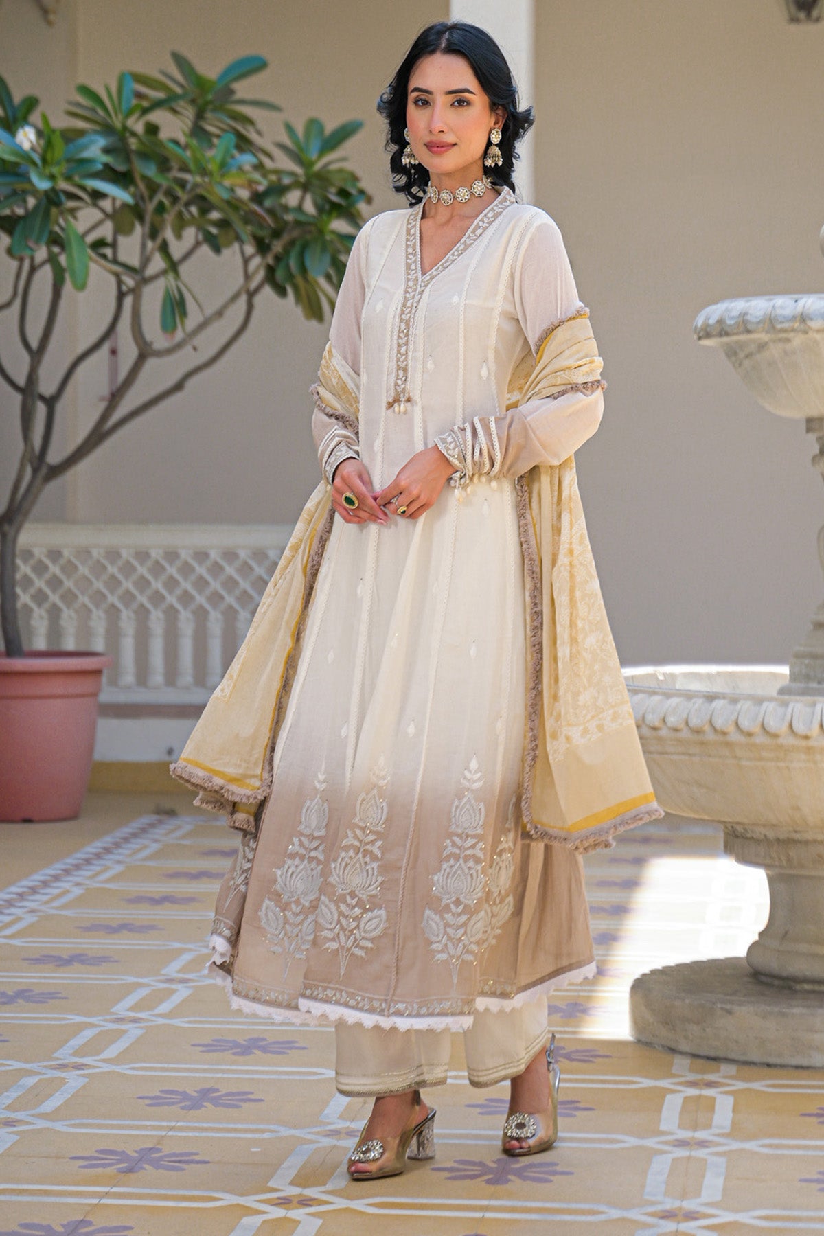 Beige Ombre Mul Mul Embroidered Anarkali Suit Set With Dupatta