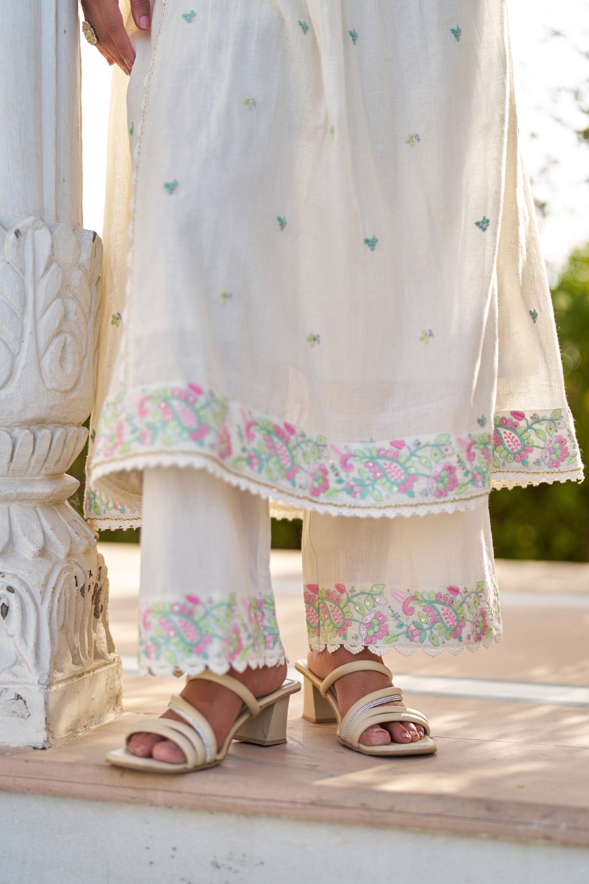White Mul Mul Embroidered Anarkali Suit Set With Dupatta