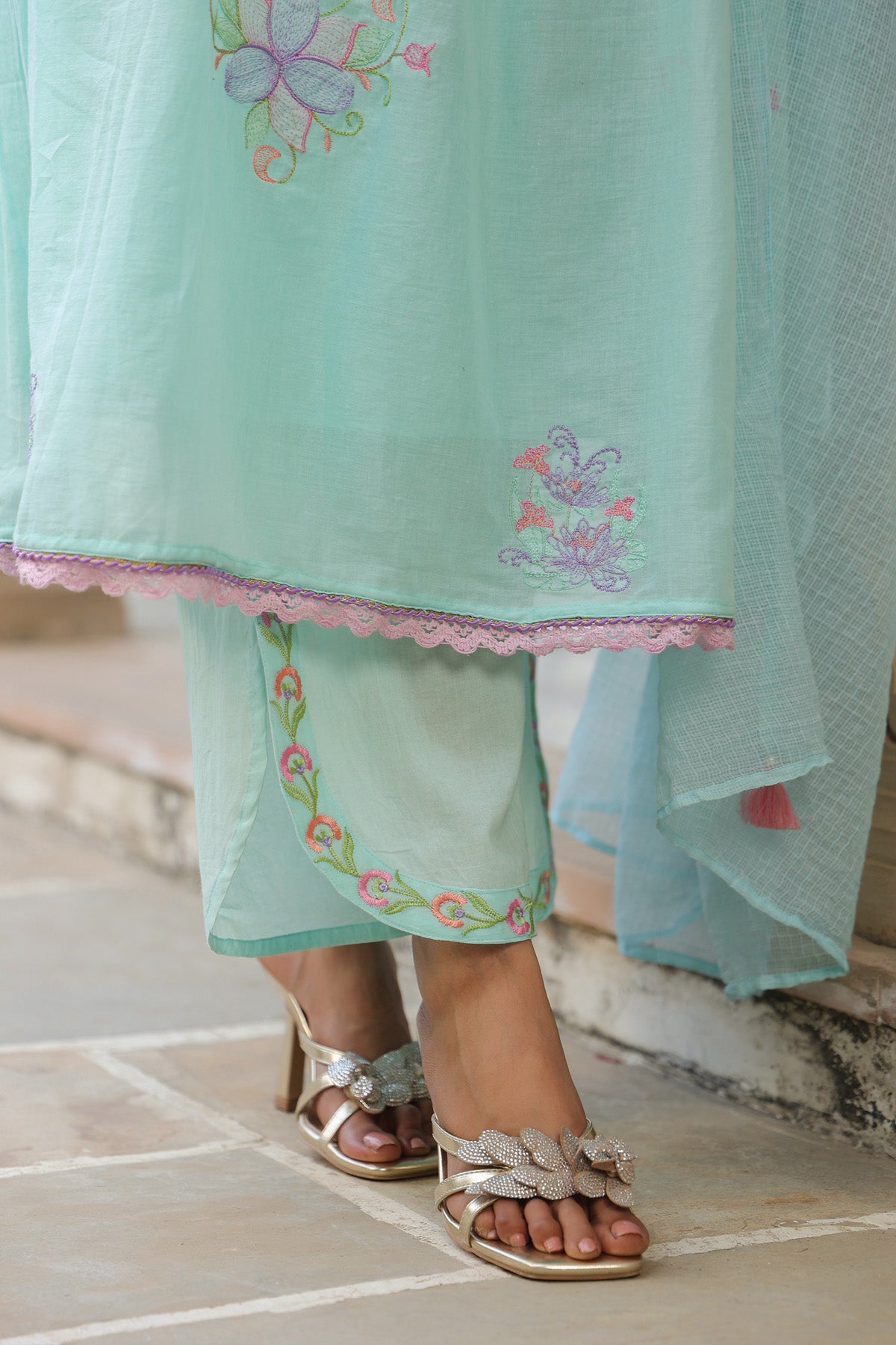 Sky Blue Mul Mul Embroidered Anarkali Suit Set With Dupatta