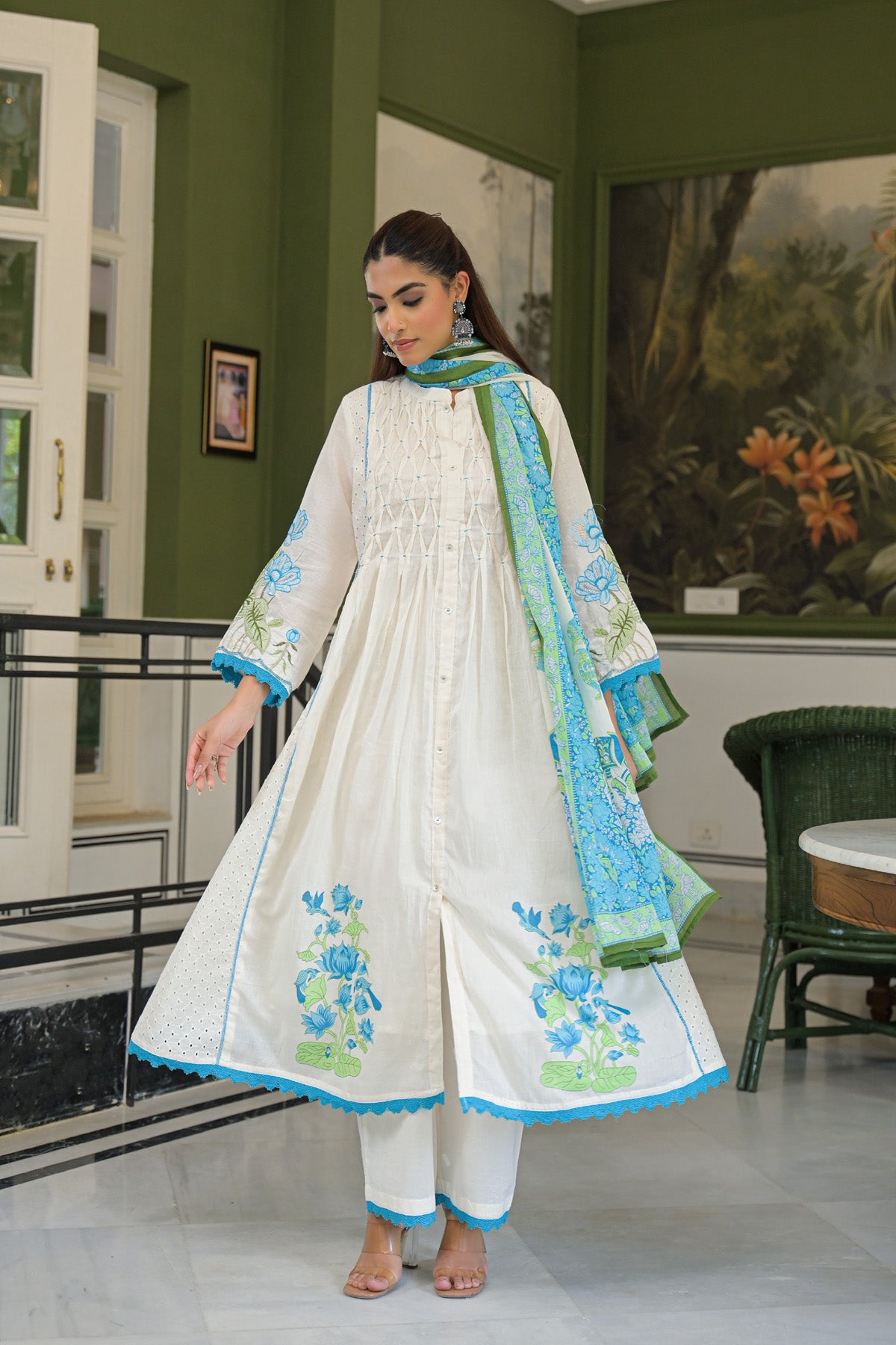 Turquoise Mul Mul Printed Anarkali Suit Set With Dupatta