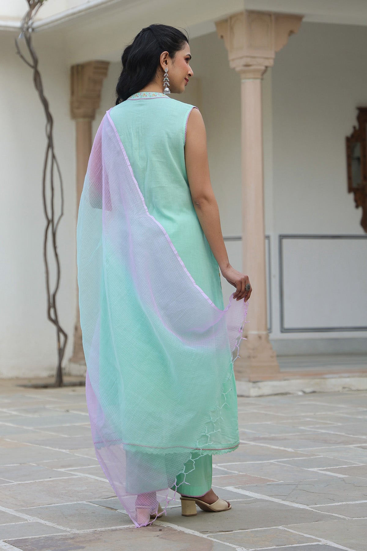 Mint Green Mul Mul Embroidered Anarkali Suit Set With Dupatta