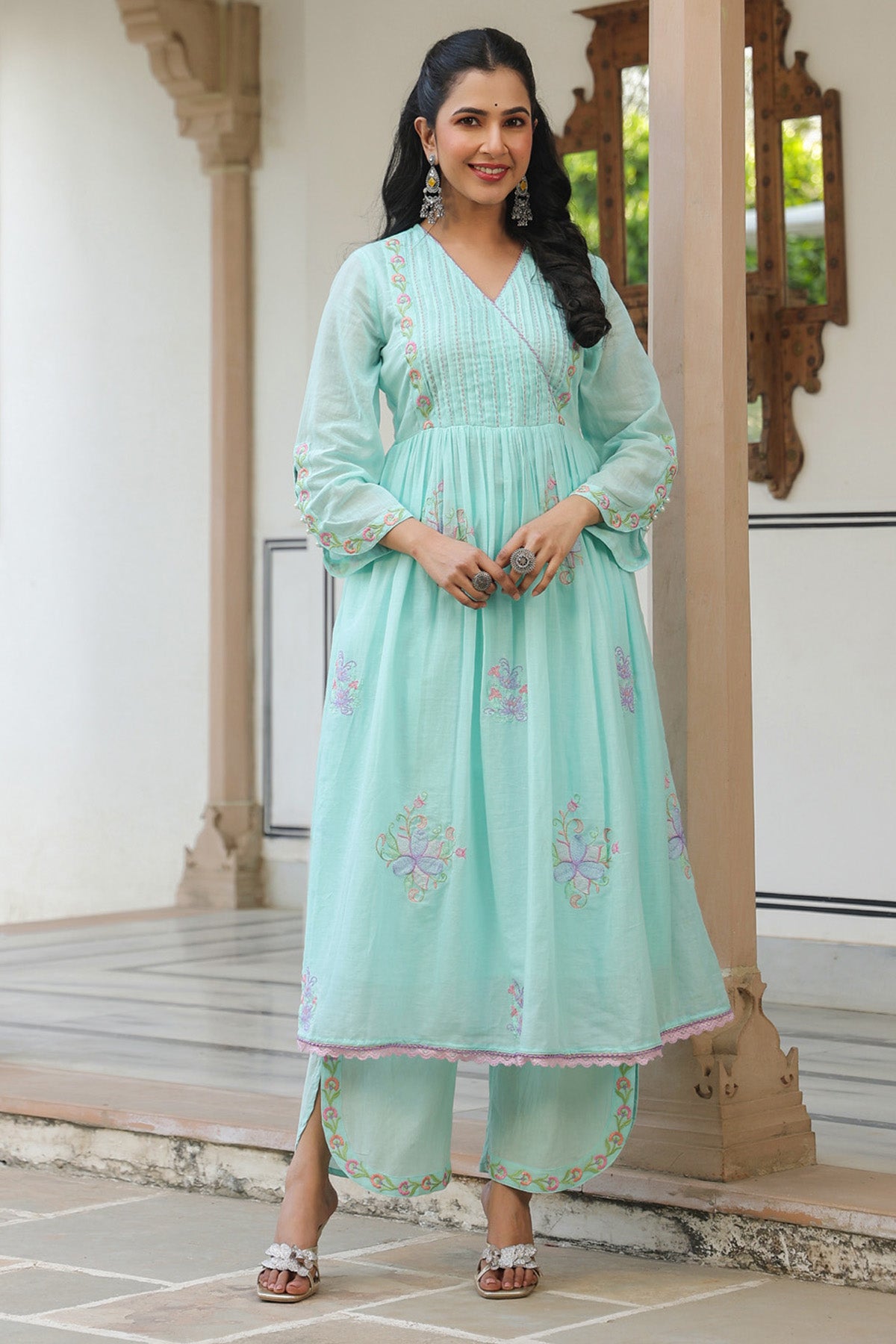 Sky Blue Mul Mul Embroidered Anarkali Suit Set With Dupatta