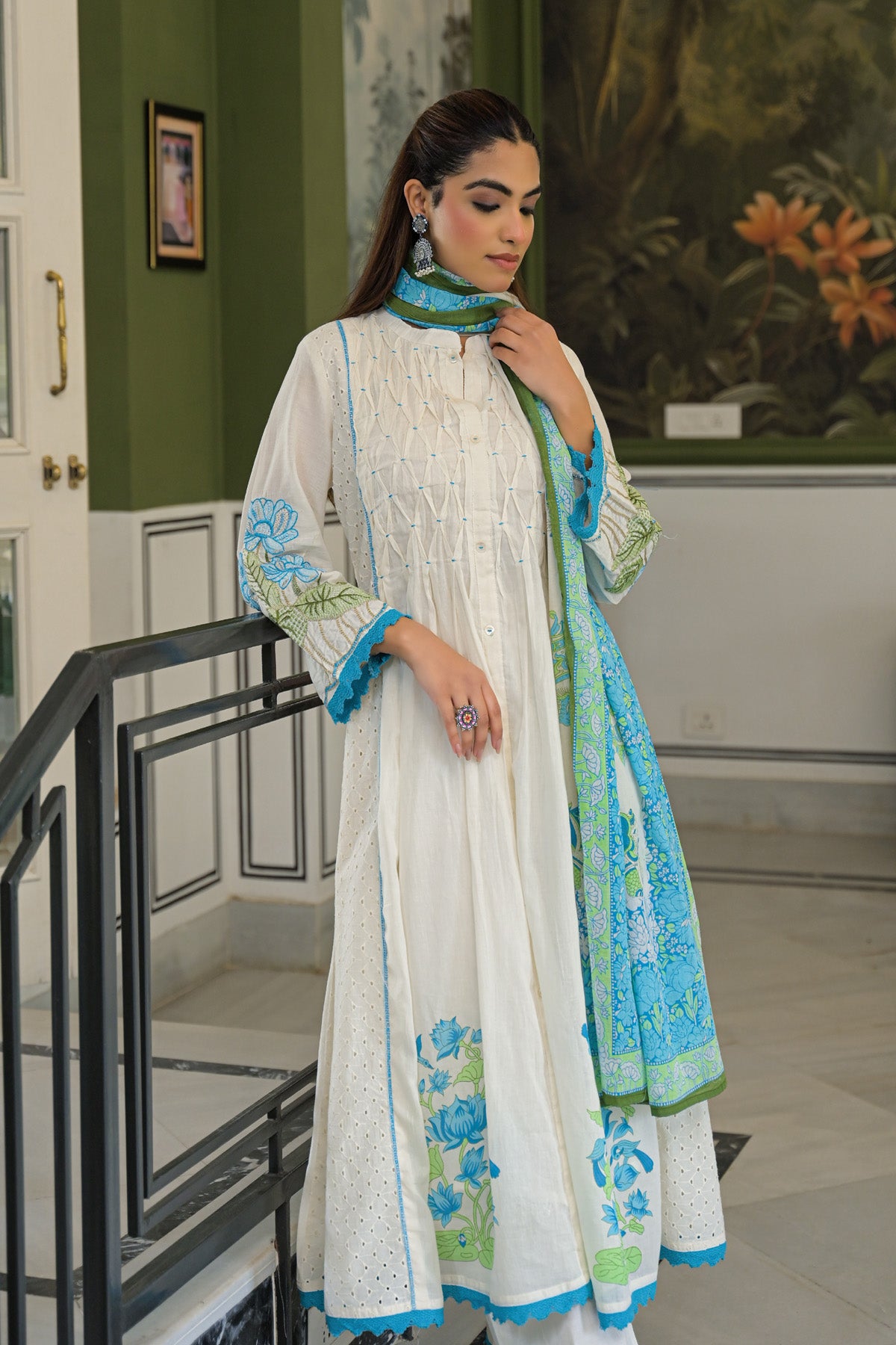 Turquoise Mul Mul Printed Anarkali Suit Set With Dupatta