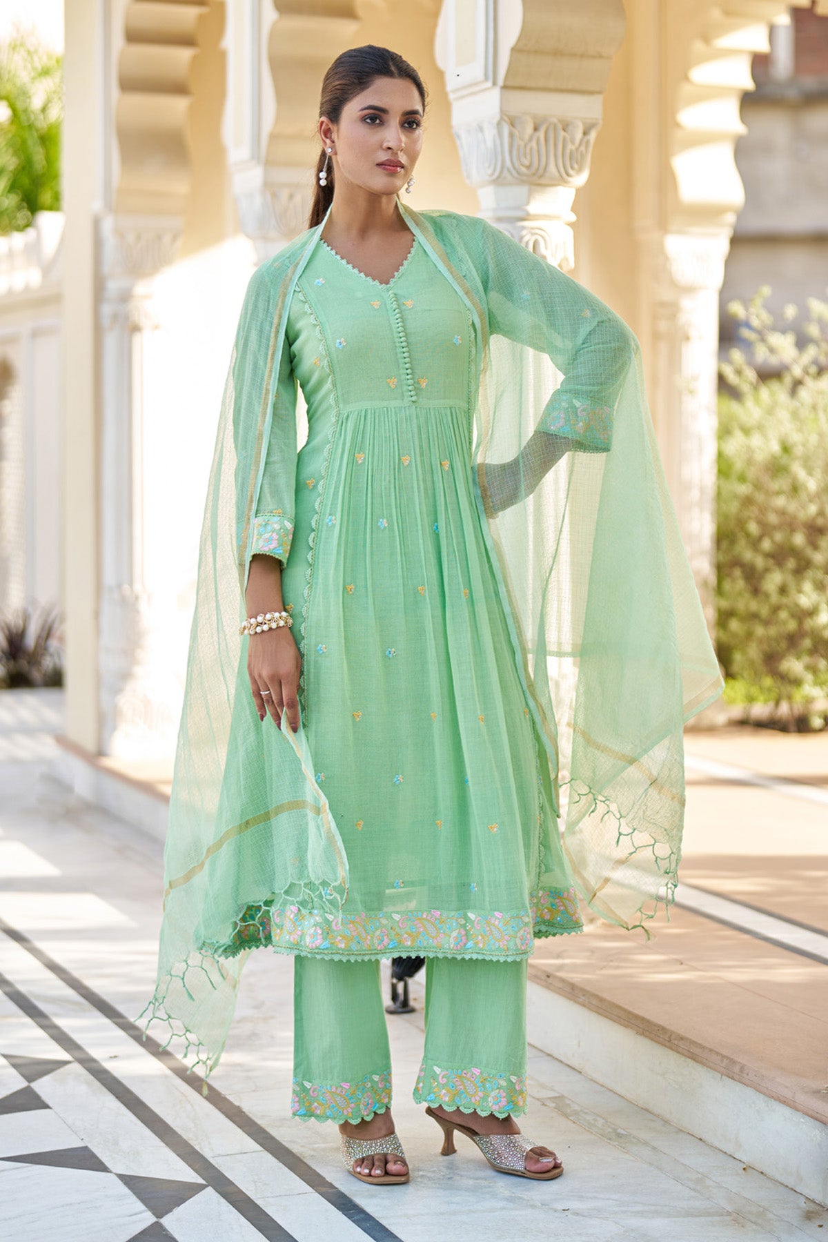 Green Mul Mul Embroidered Anarkali Suit Set With Dupatta