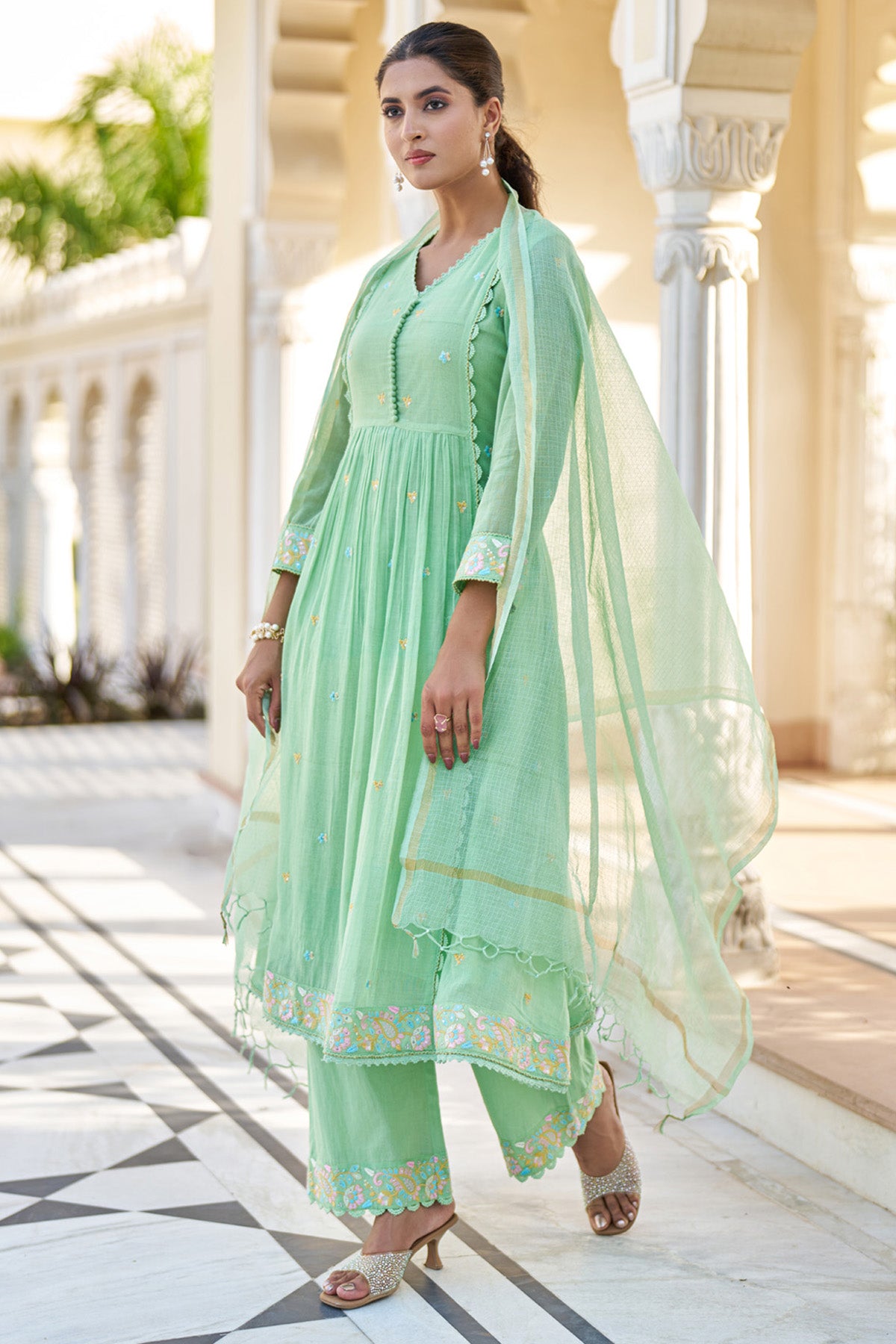 Green Mul Mul Embroidered Anarkali Suit Set With Dupatta