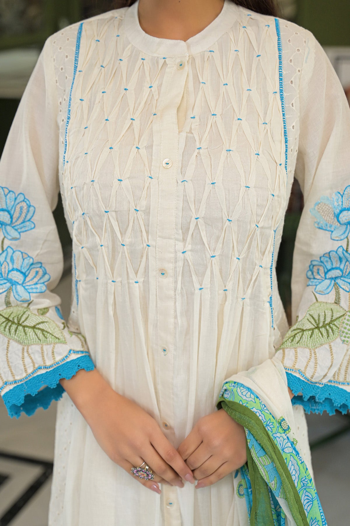 Turquoise Mul Mul Printed Anarkali Suit Set With Dupatta