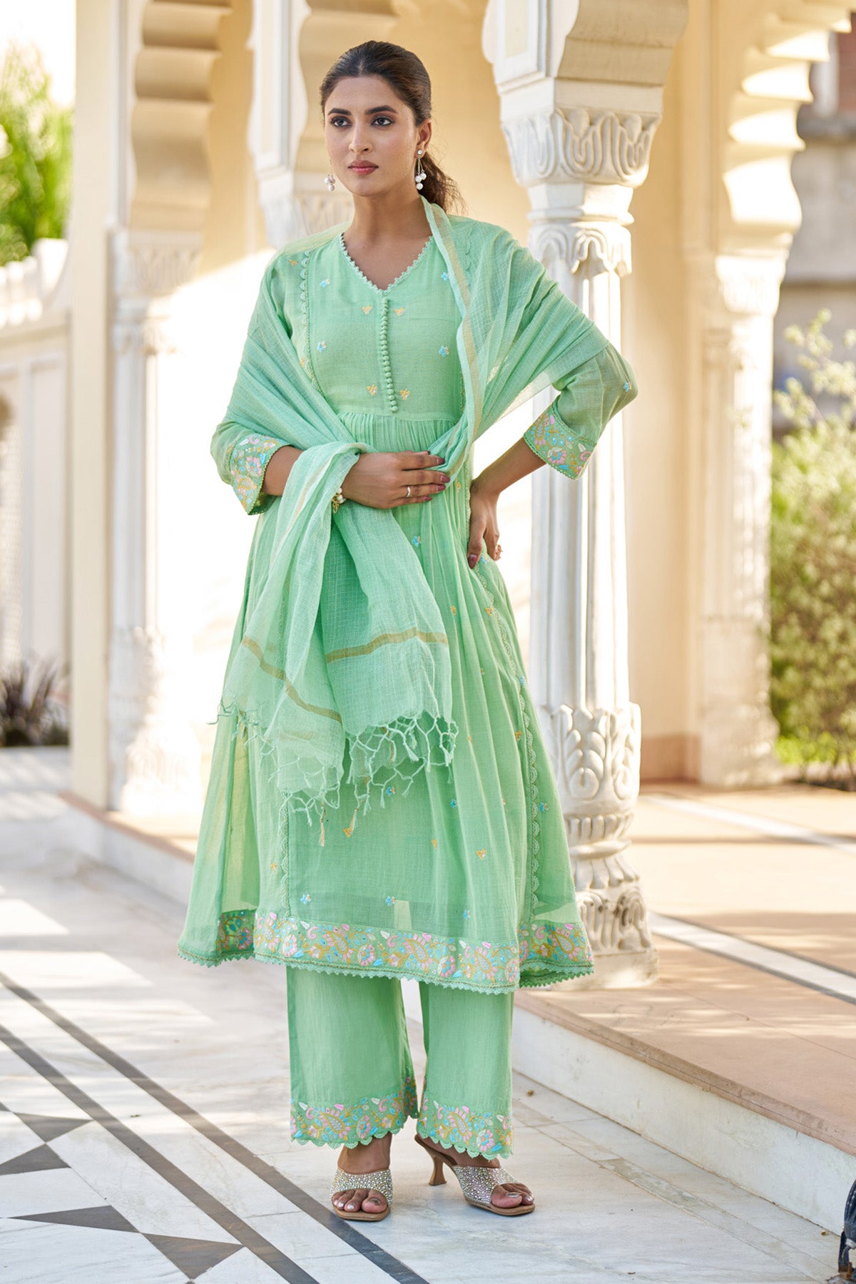 Green Mul Mul Embroidered Anarkali Suit Set With Dupatta