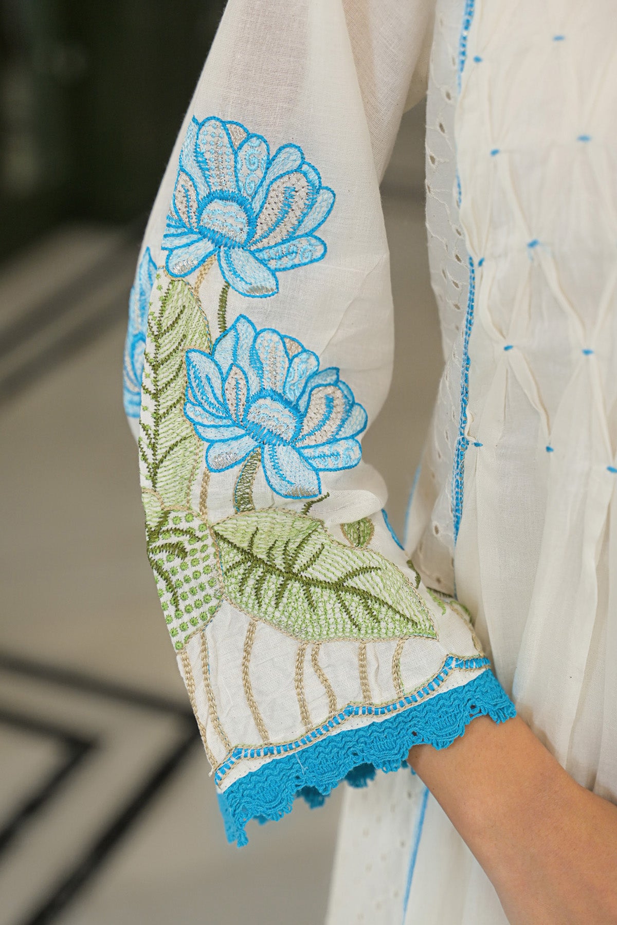 Turquoise Mul Mul Printed Anarkali Suit Set With Dupatta
