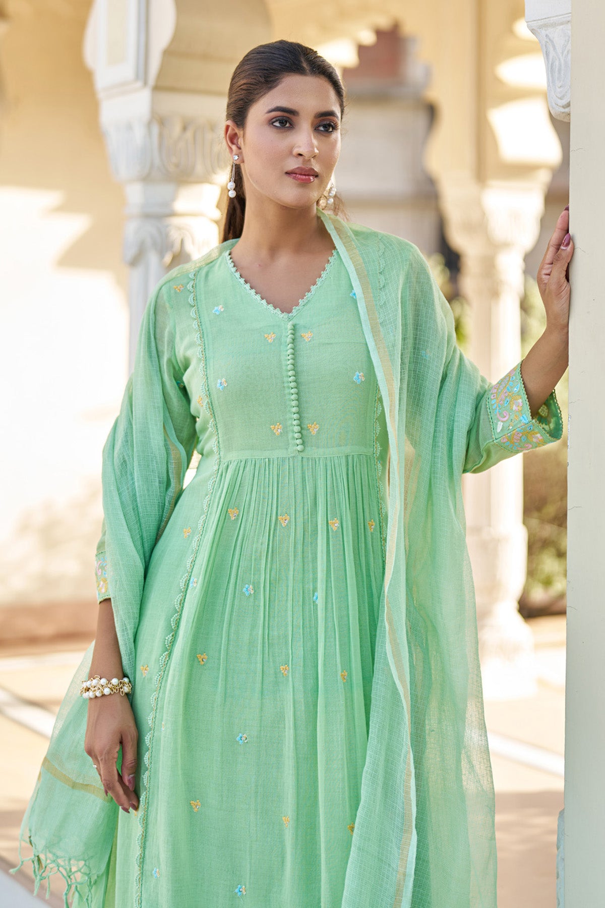 Green Mul Mul Embroidered Anarkali Suit Set With Dupatta