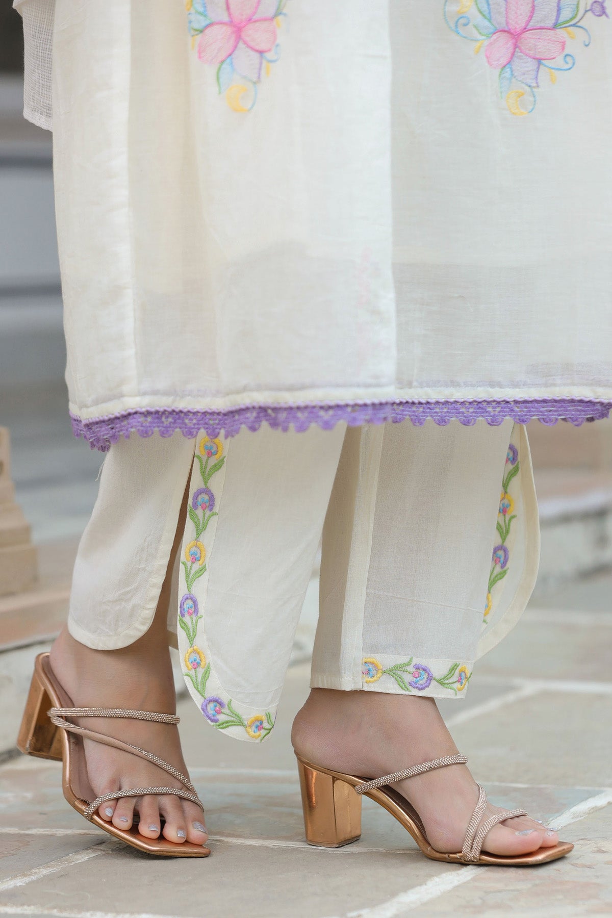 White Mul Mul Embroidered Anarkali Suit Set With Dupatta