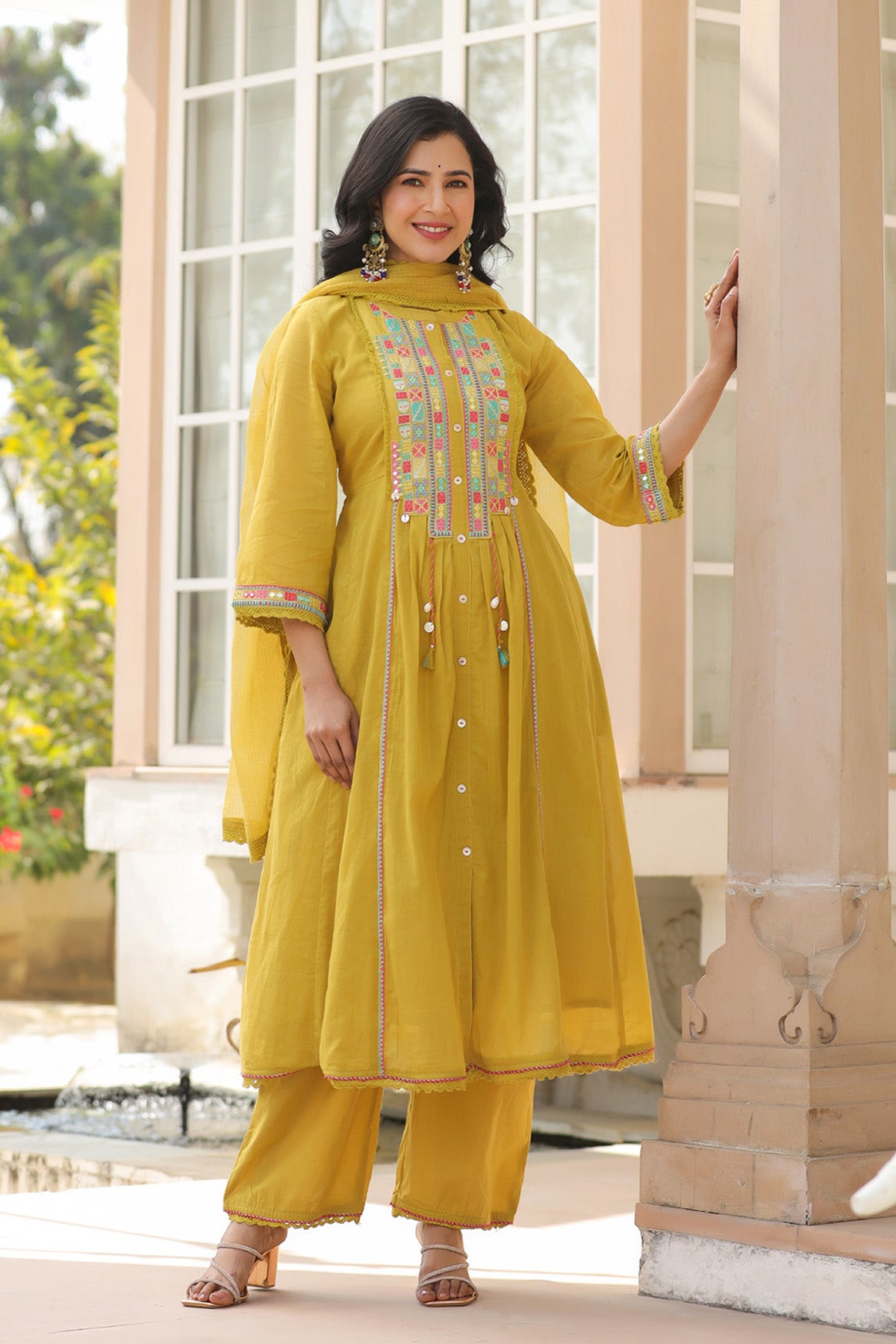 Yellow Mul Mul Embroidered Anarkali Suit Set With Dupatta