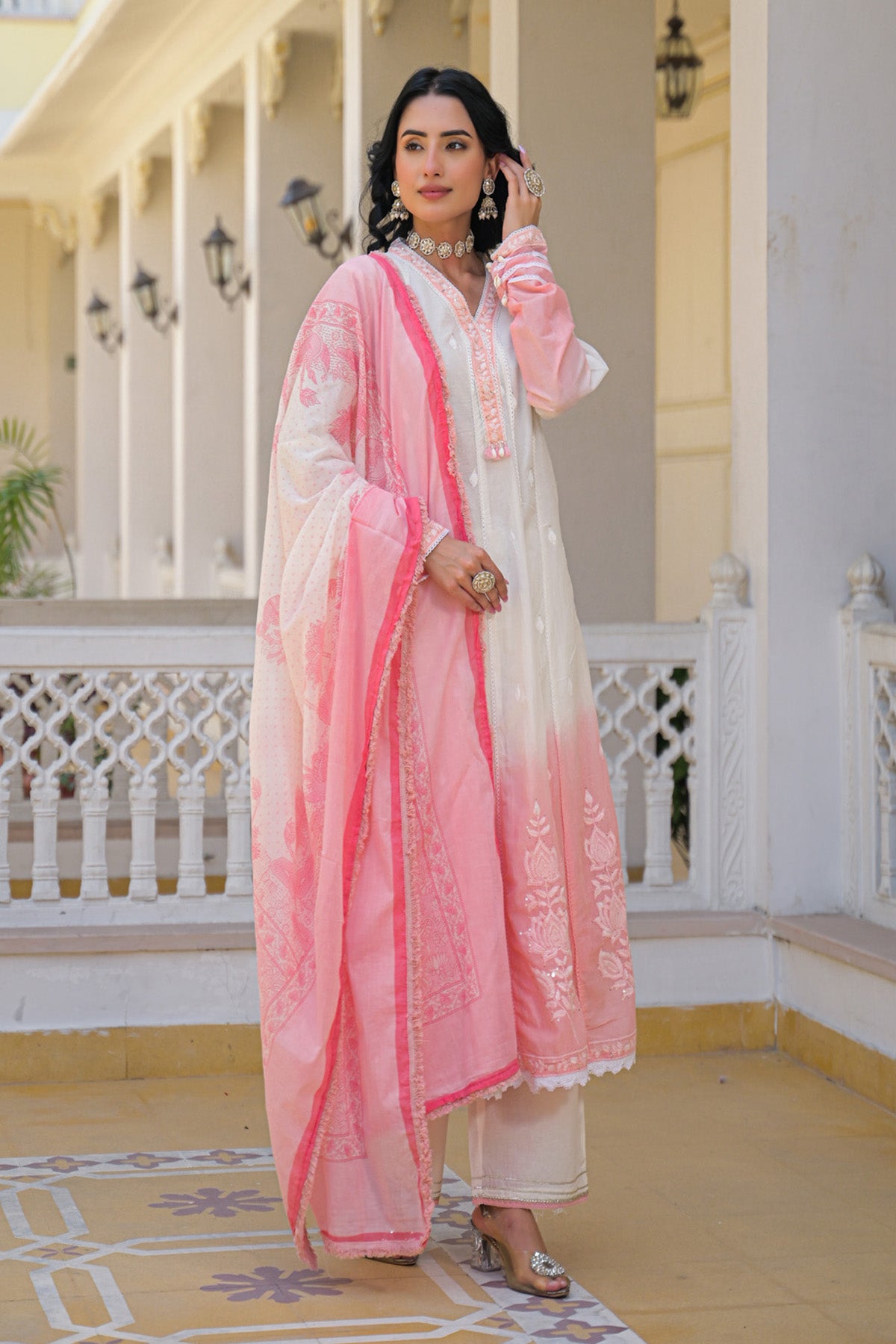 Pink Ombre  Mul Mul Embroidered Anarkali Suit Set With Dupatta