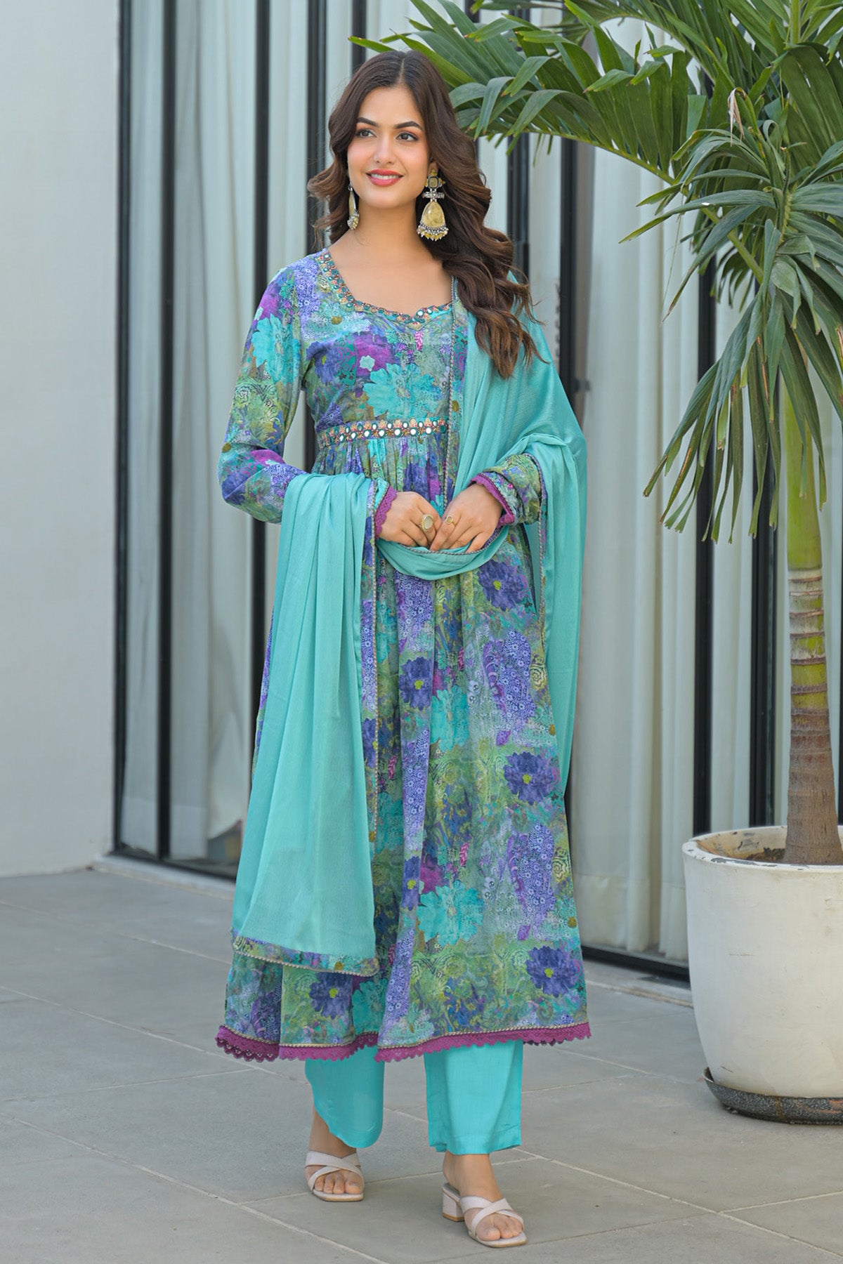 Blue Chinon Silk Handwork Anarkali Suit Set With Dupatta