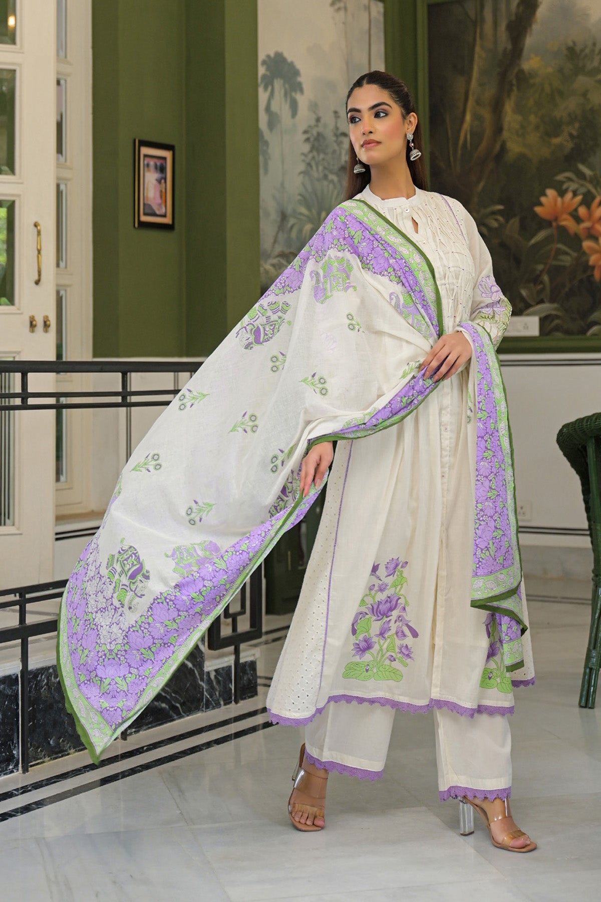 Purple Mul Mul Embroidered Anarkali Suit Set With Dupatta