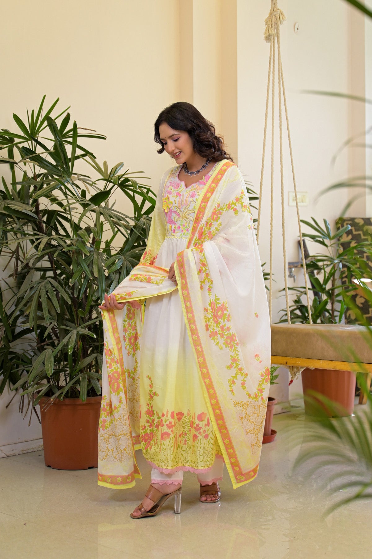 Yellow Mul Mul Embroidered Anarkali Suit Set With Dupatta