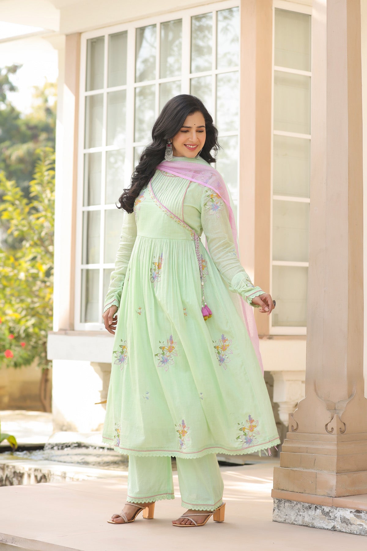 Green Mul Mul Embroidered Anarkali Suit Set With Dupatta