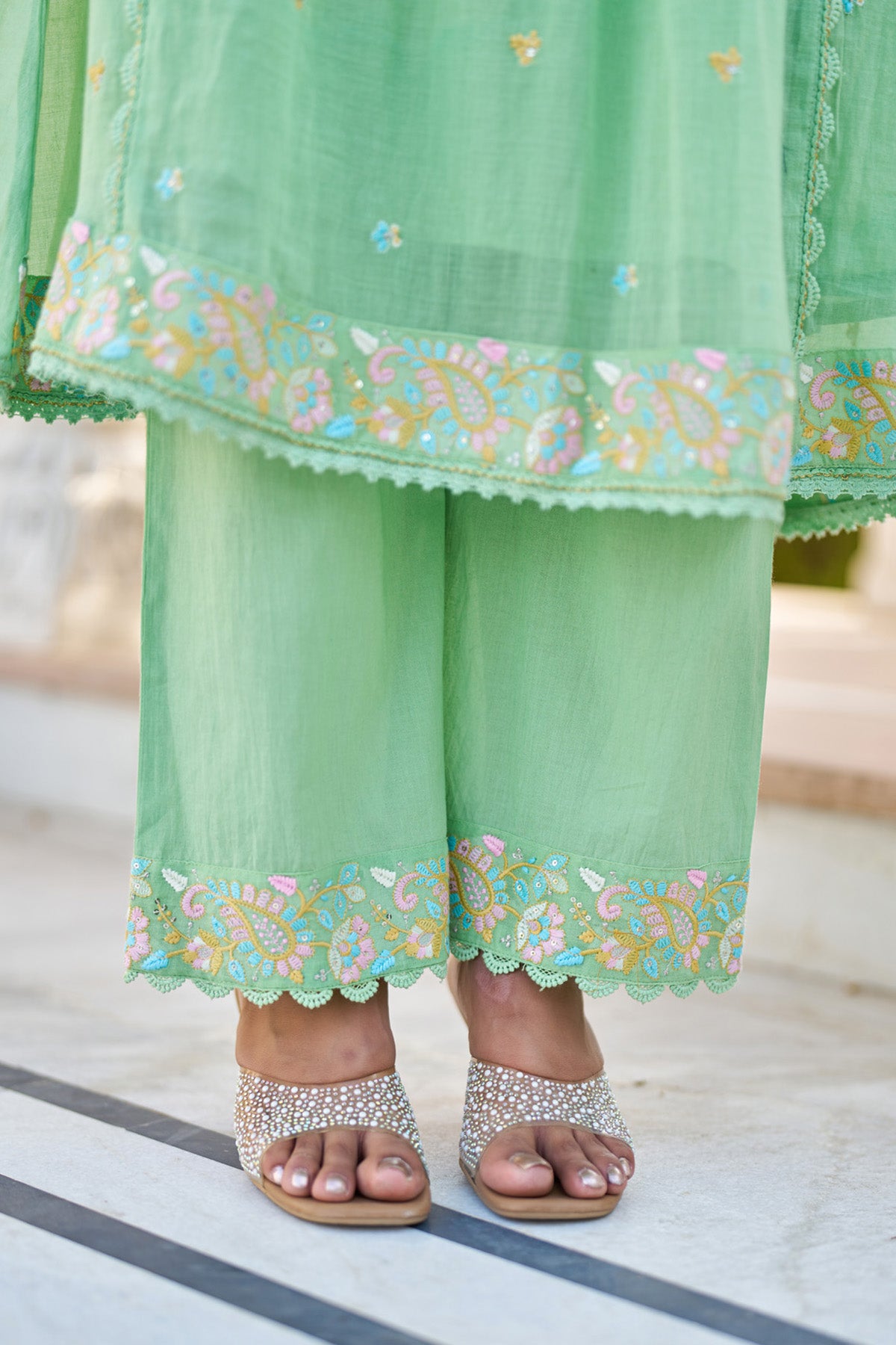 Green Mul Mul Embroidered Anarkali Suit Set With Dupatta
