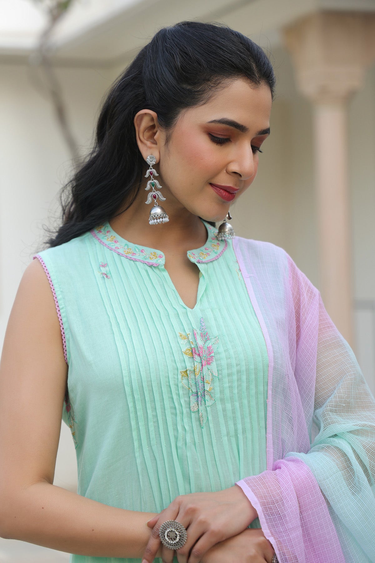 Mint Green Mul Mul Embroidered Anarkali Suit Set With Dupatta