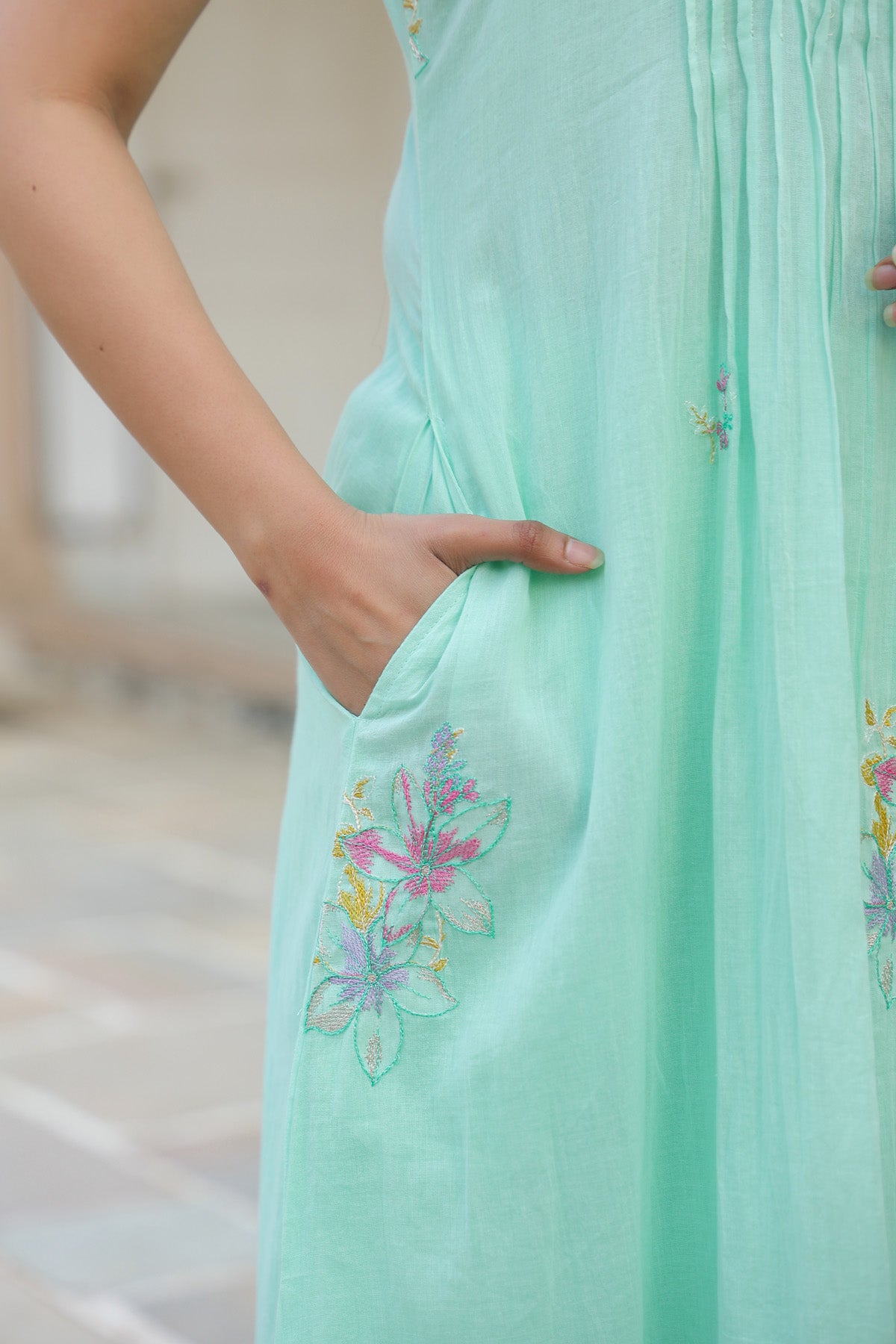 Mint Green Mul Mul Embroidered Anarkali Suit Set With Dupatta