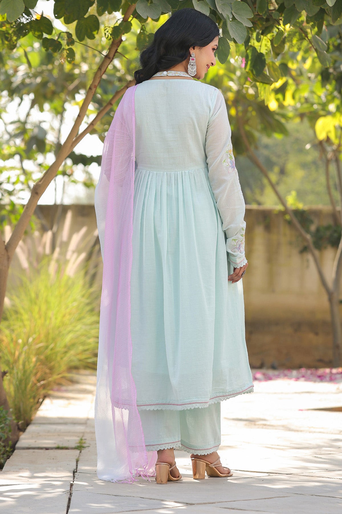 Sky Blue Mul Mul Embroidered Anarkali Suit Set With Dupatta