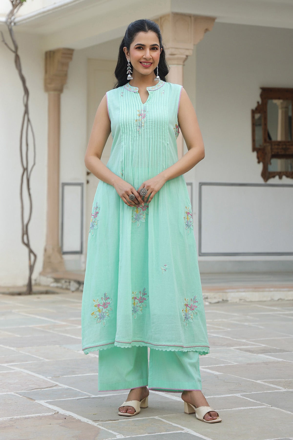 Mint Green Mul Mul Embroidered Anarkali Suit Set With Dupatta