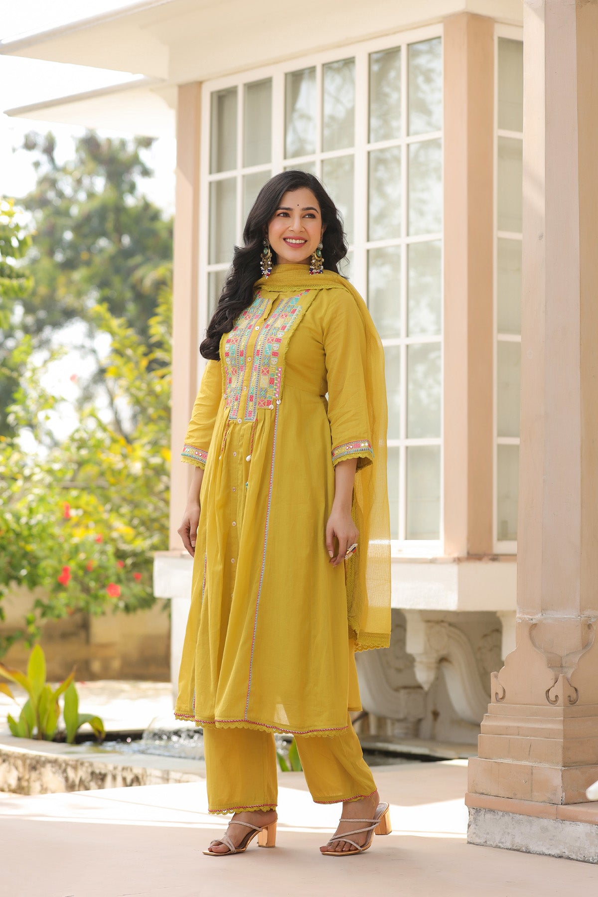 Yellow Mul Mul Embroidered Anarkali Suit Set With Dupatta
