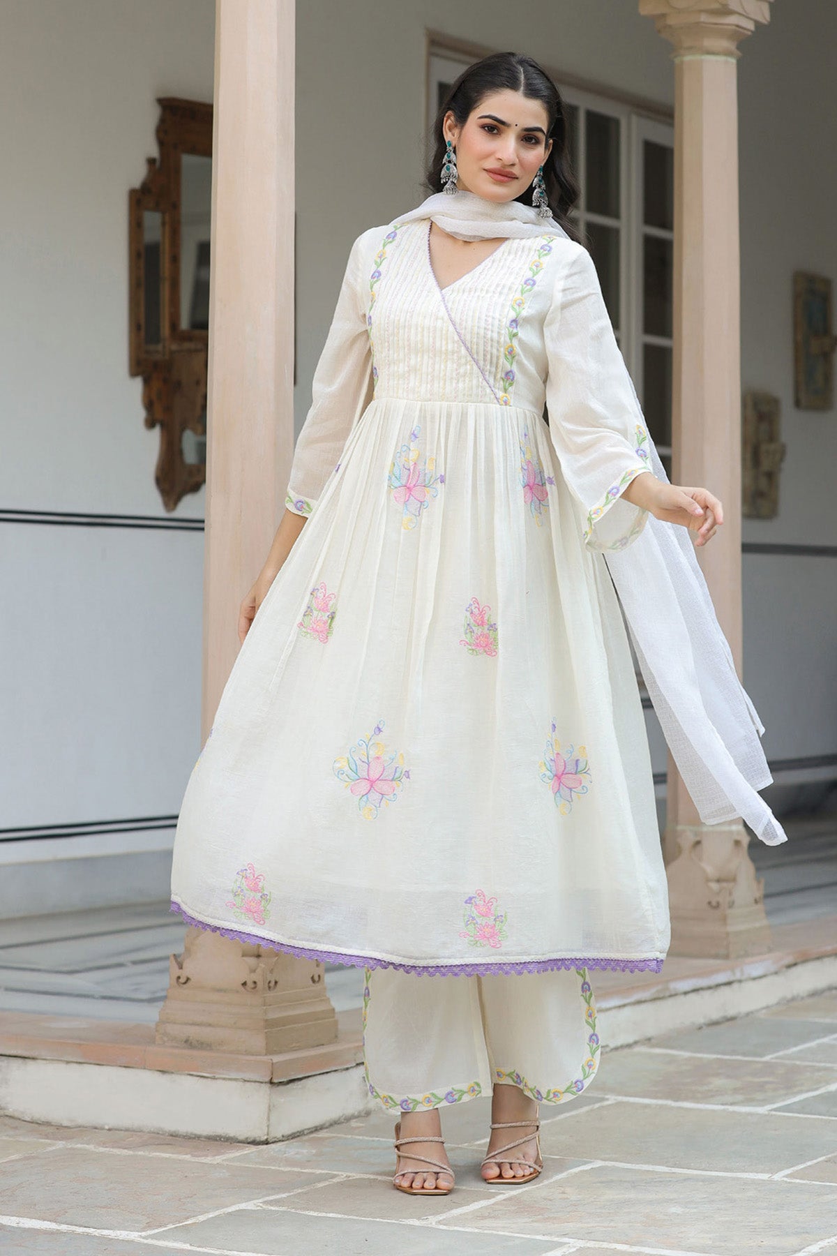 White Mul Mul Embroidered Anarkali Suit Set With Dupatta