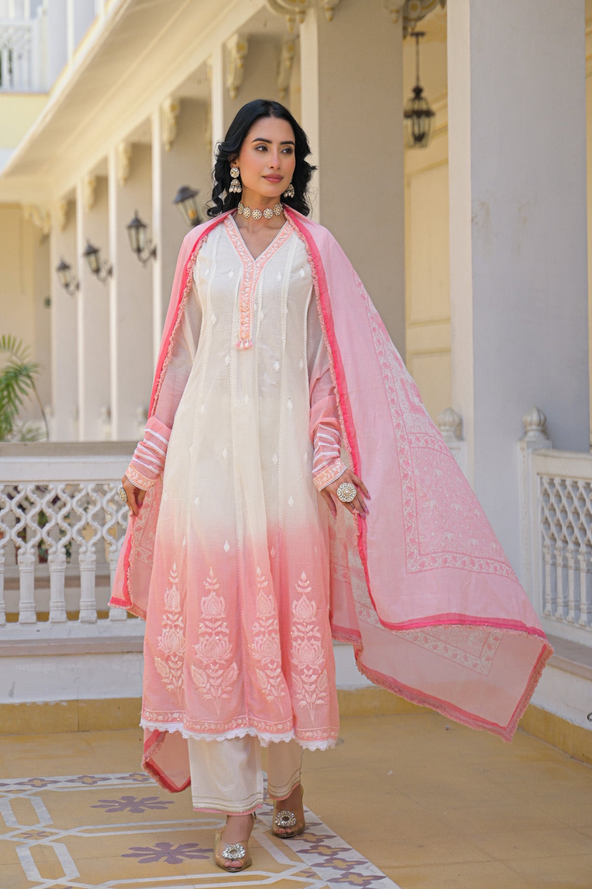 Pink Mul Mul Embroidered Anarkali Suit Set With Dupatta