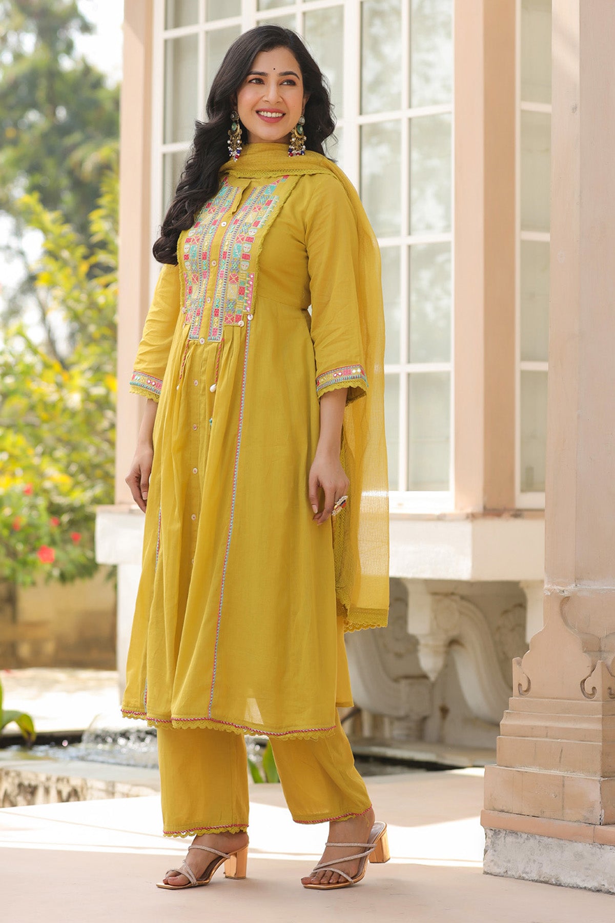 Yellow Mul Mul Embroidered Anarkali Suit Set With Dupatta