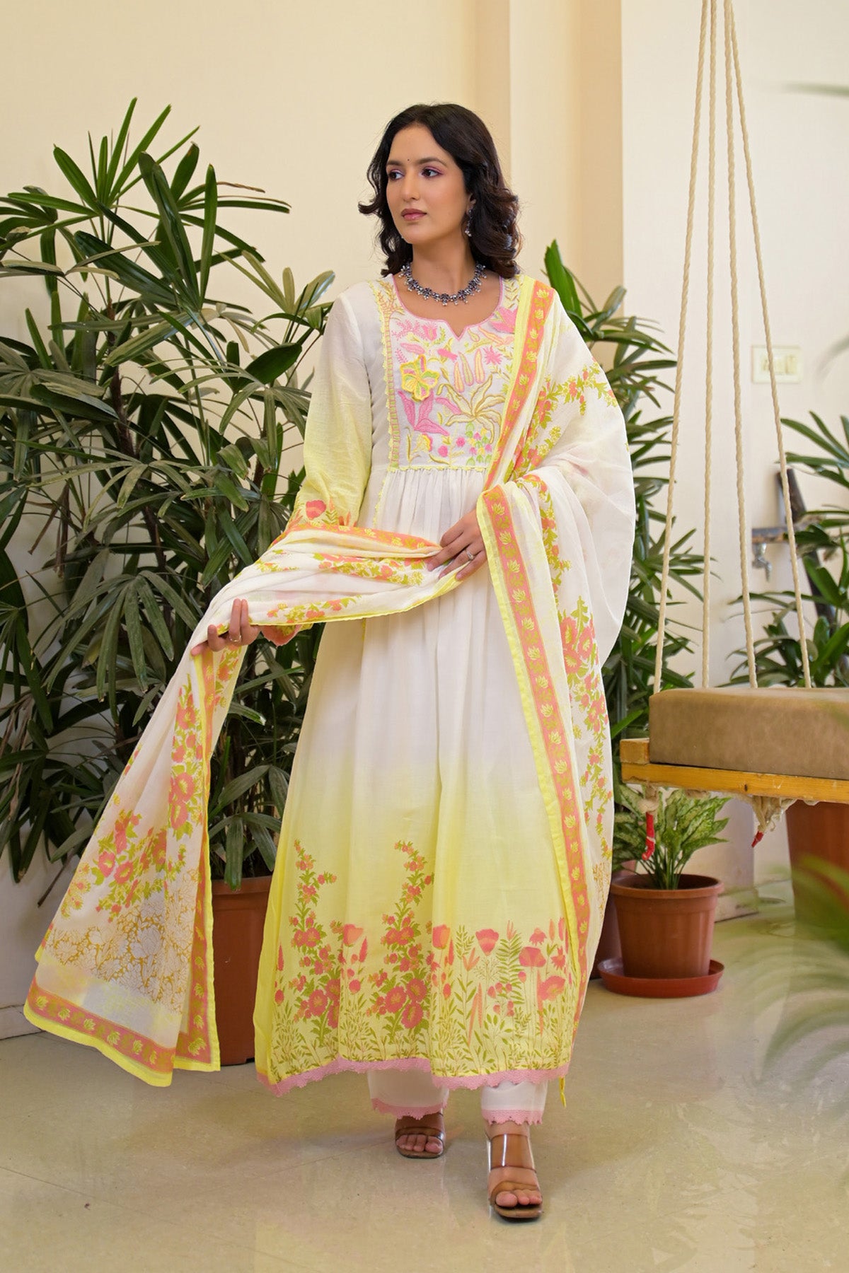 Yellow Mul Mul Embroidered Anarkali Suit Set With Dupatta