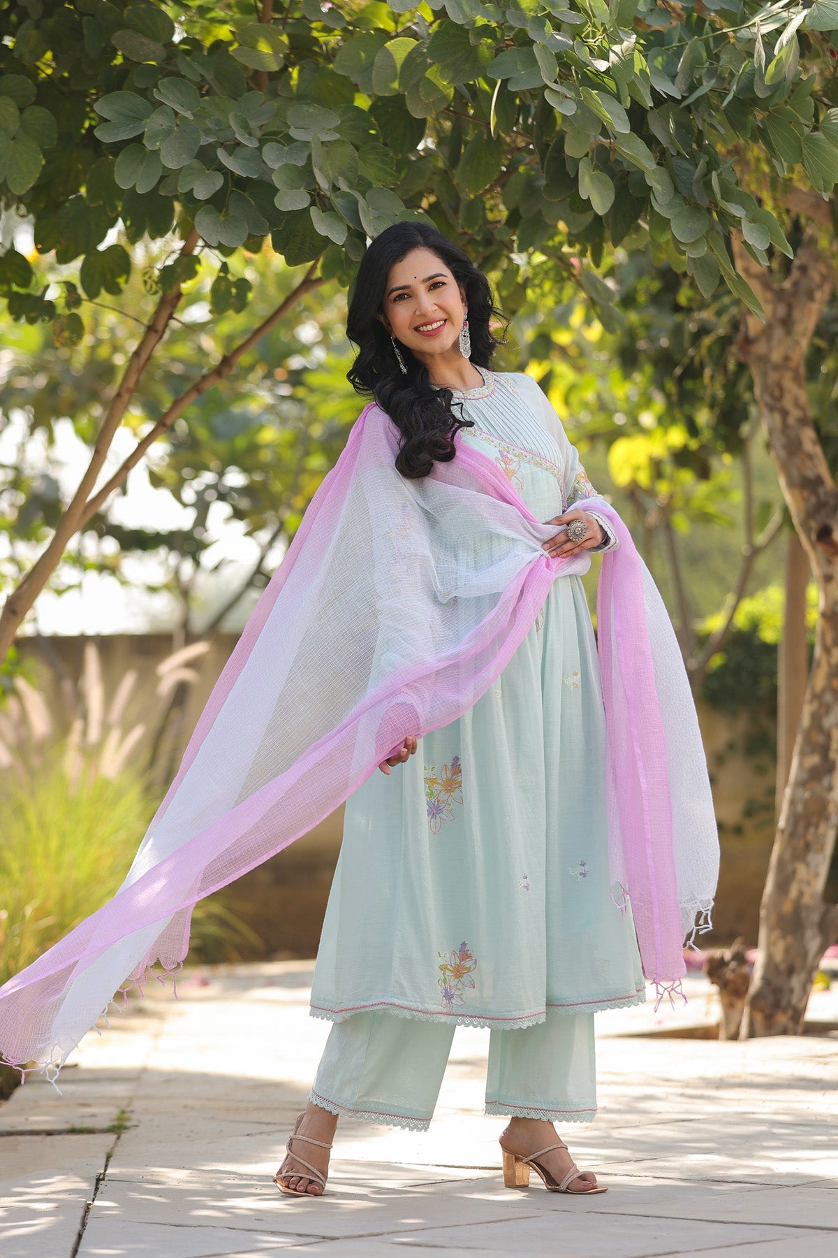 Sky Blue Mul Mul Embroidered Anarkali Suit Set With Dupatta