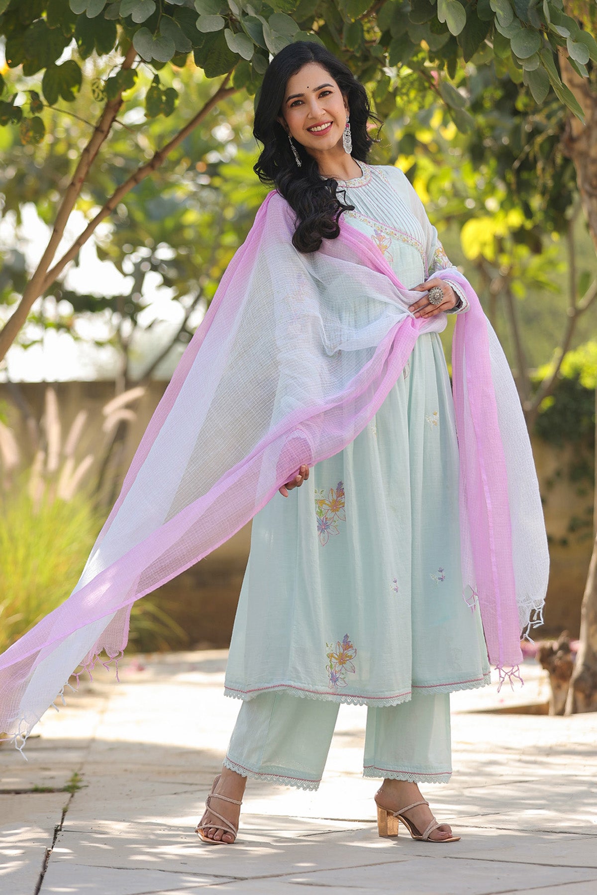 Sky Blue Mul Mul Embroidered Anarkali Suit Set With Dupatta