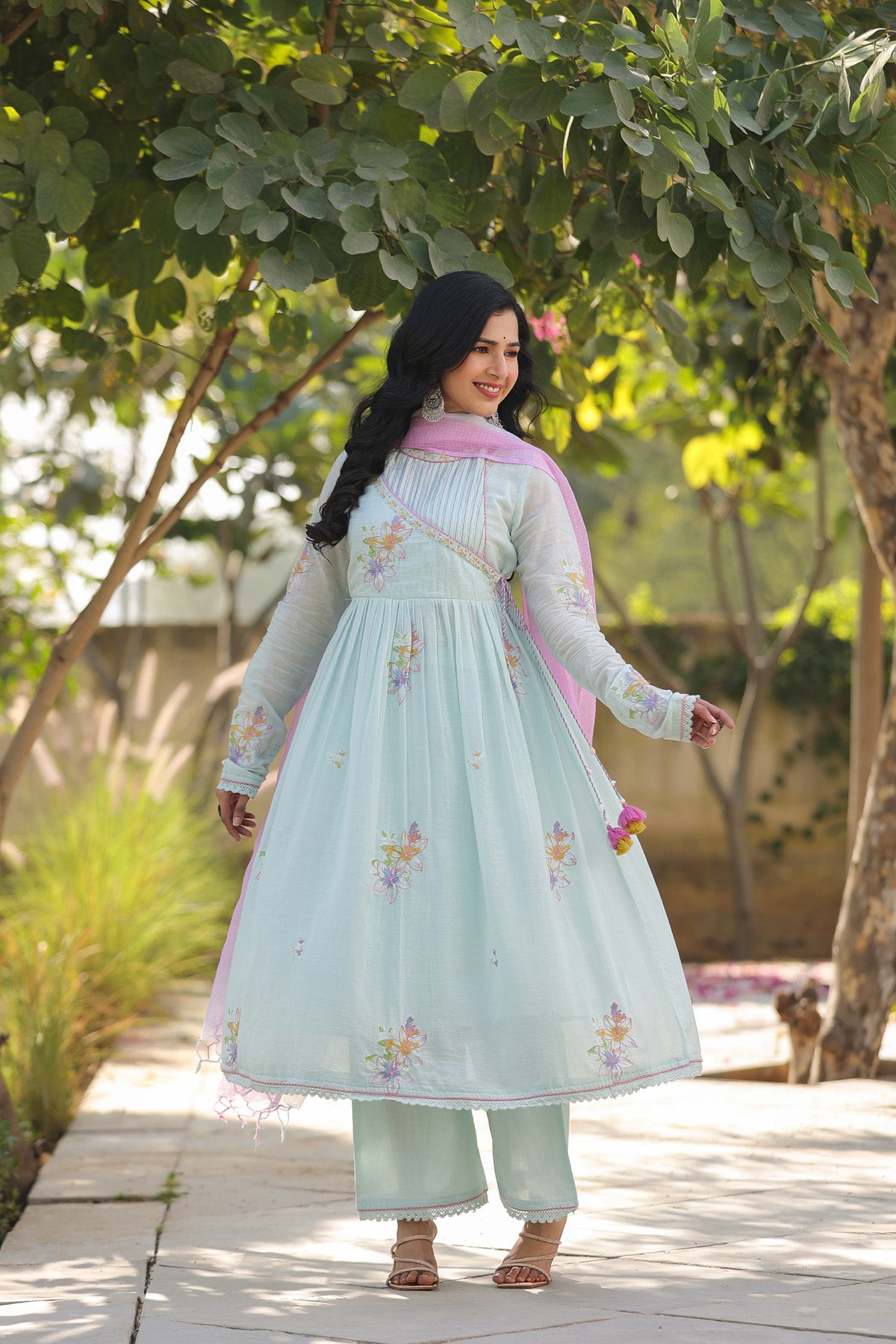 Sky Blue Mul Mul Embroidered Anarkali Suit Set With Dupatta