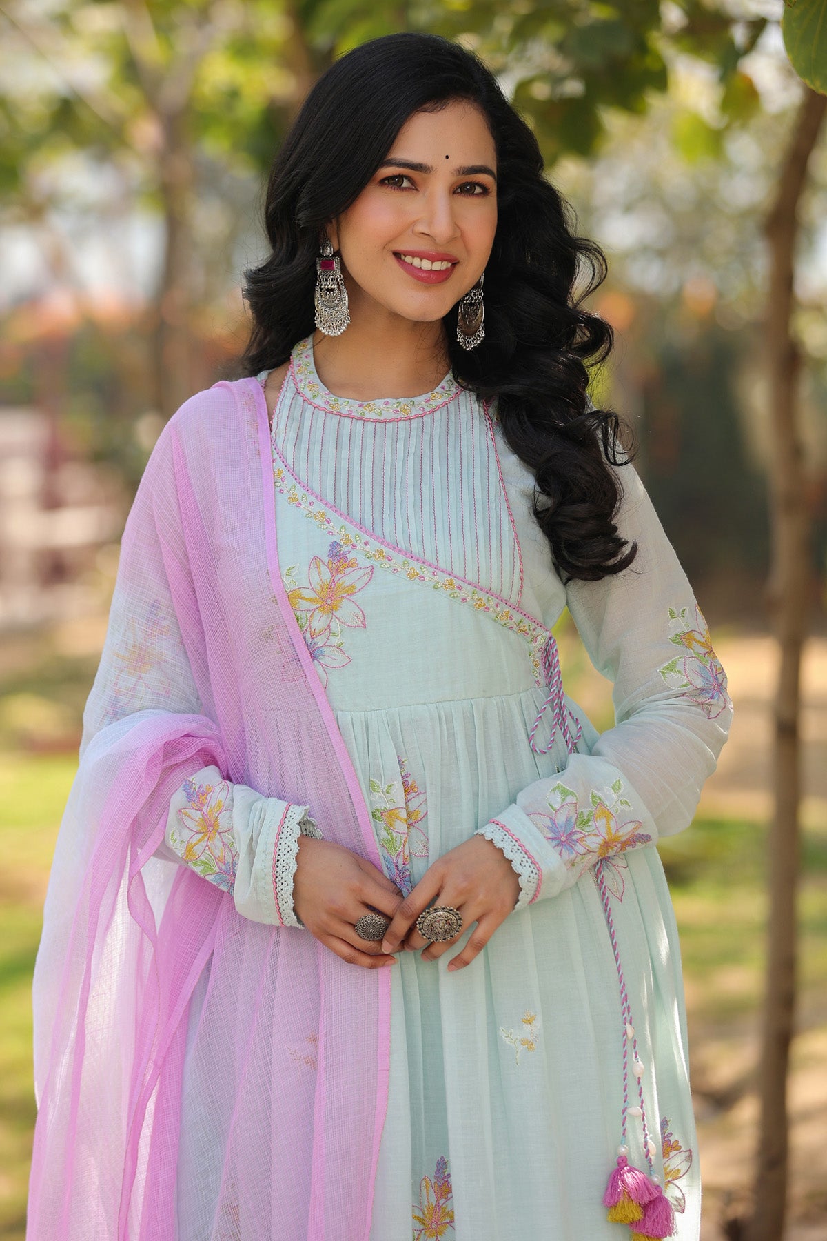 Sky Blue Mul Mul Embroidered Anarkali Suit Set With Dupatta
