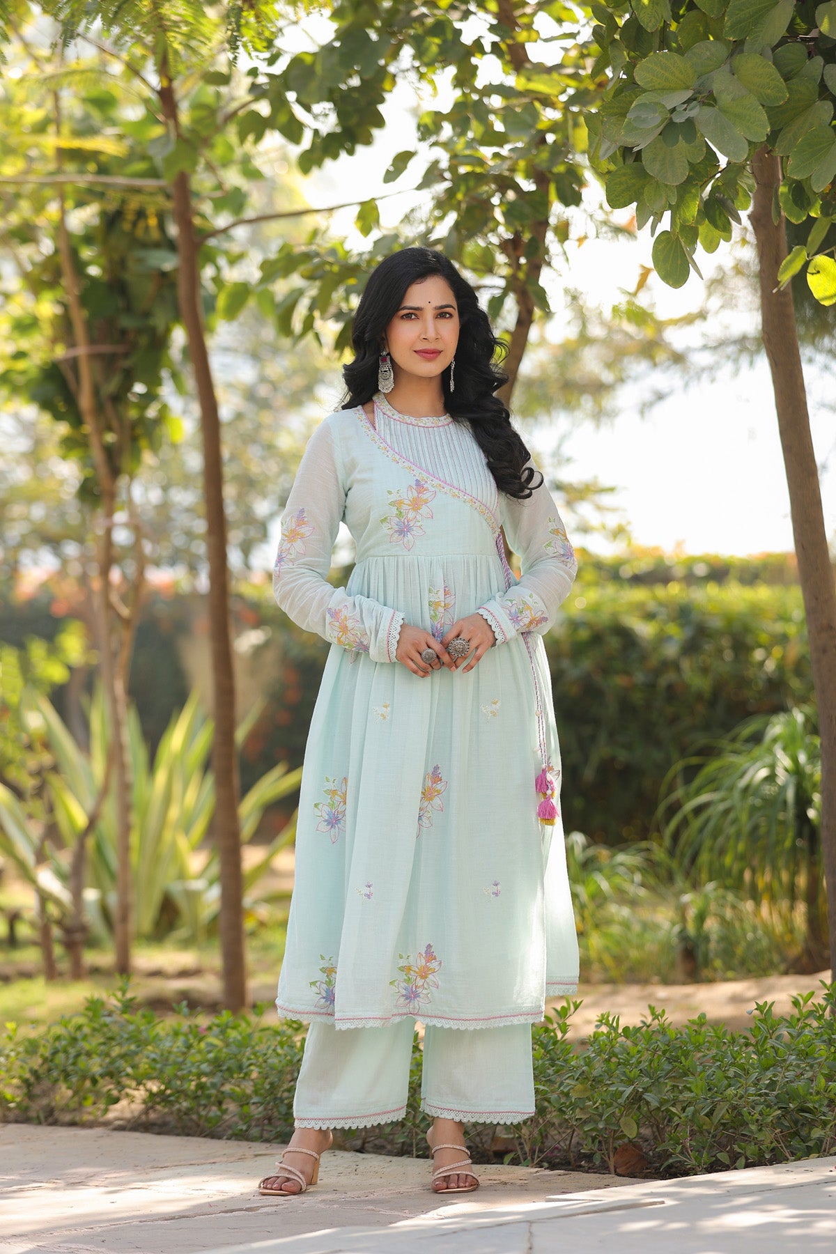 Sky Blue Mul Mul Embroidered Anarkali Suit Set With Dupatta