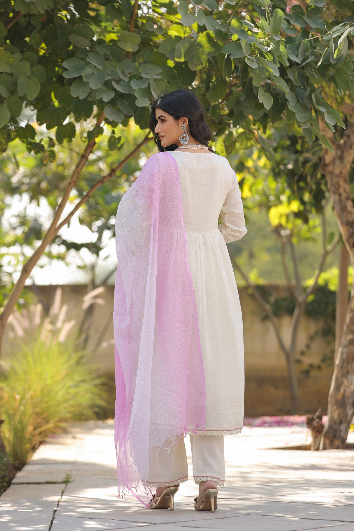 Cream Mul Mul Embroidered Anarkali Suit Set With Dupatta