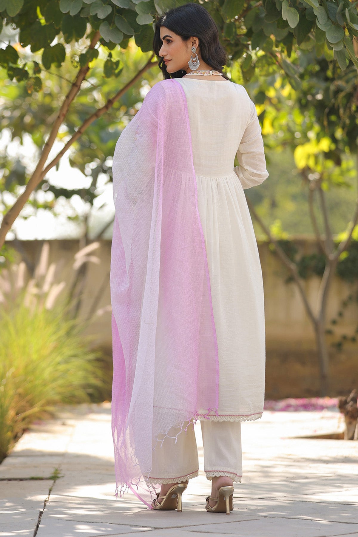 Cream Mul Mul Embroidered Anarkali Suit Set With Dupatta