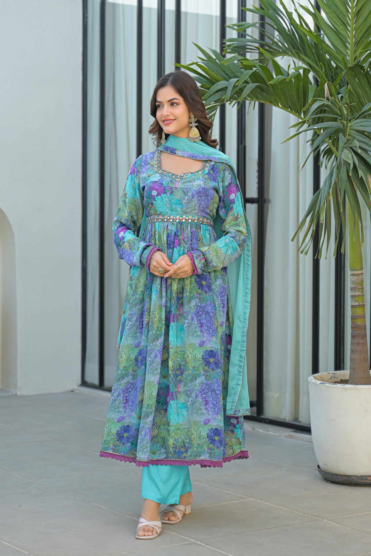 Blue Chinon Silk Handwork Anarkali Suit Set With Dupatta