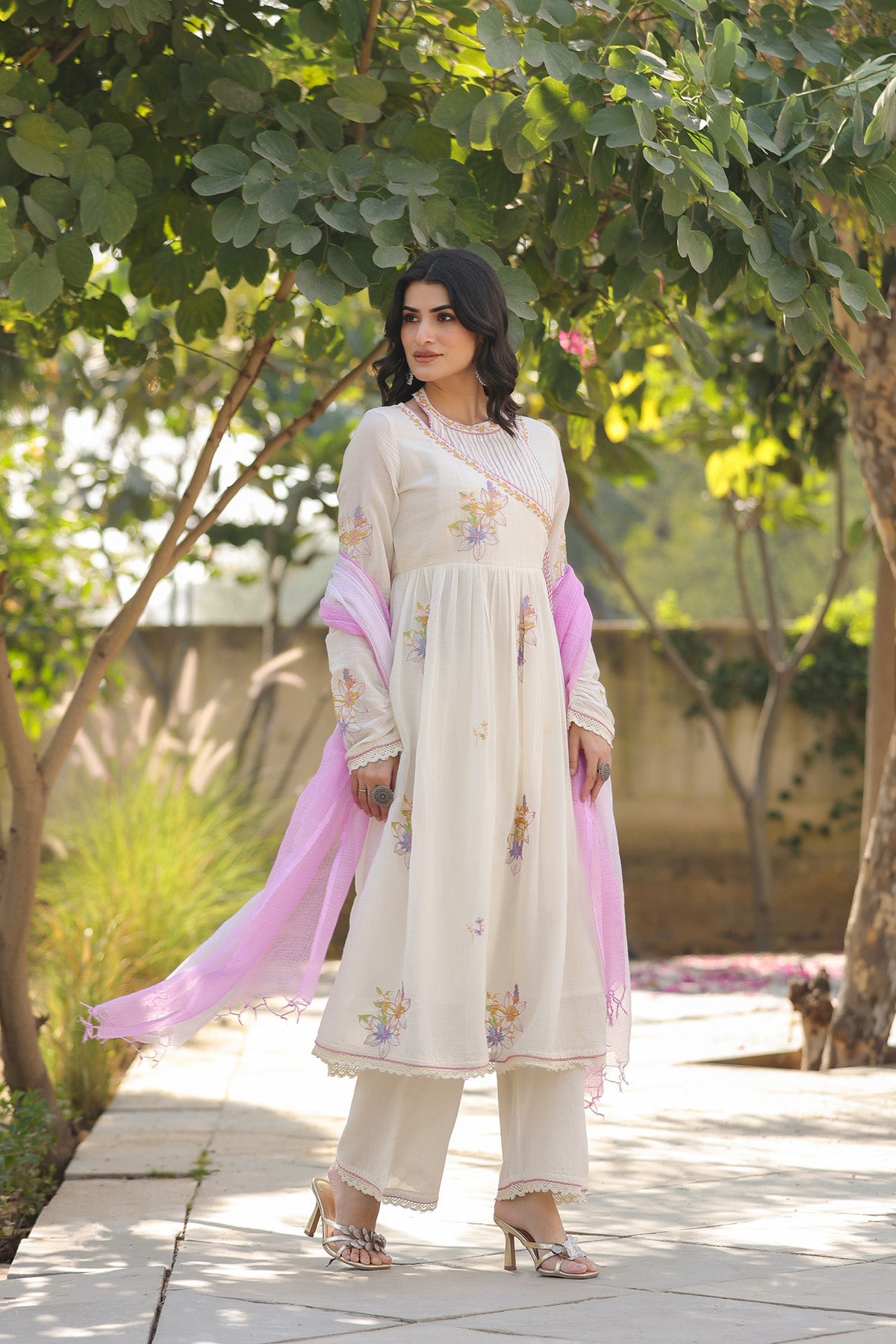 Cream Mul Mul Embroidered Anarkali Suit Set With Dupatta