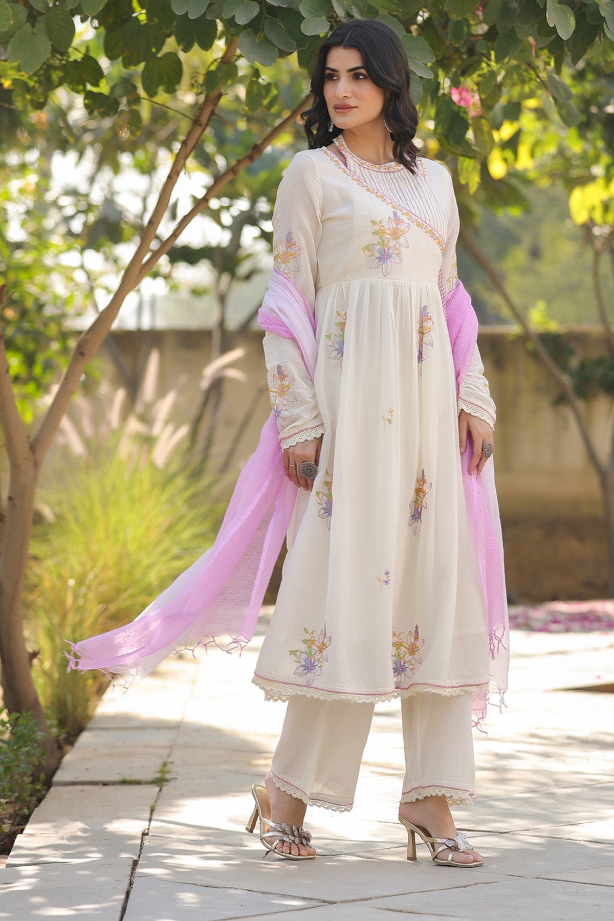 Cream Mul Mul Embroidered Anarkali Suit Set With Dupatta