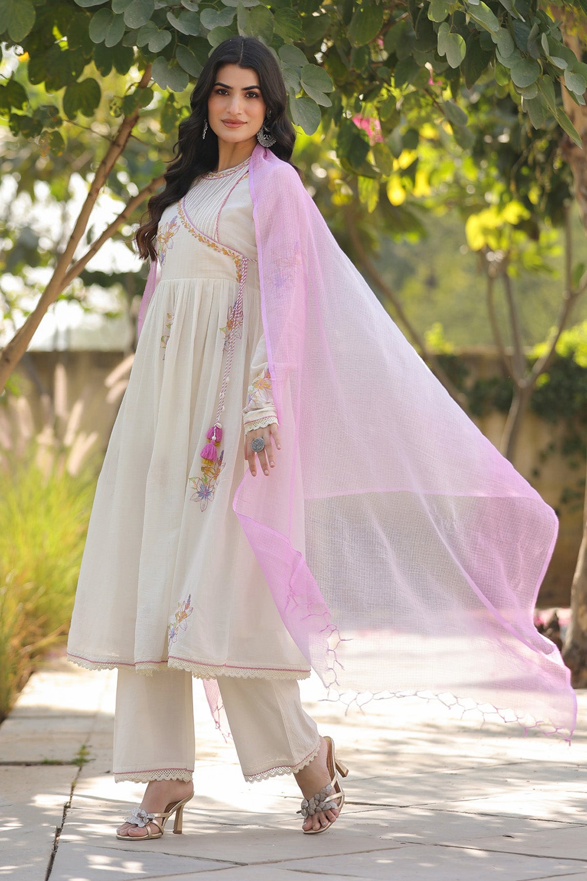 Cream Mul Mul Embroidered Anarkali Suit Set With Dupatta