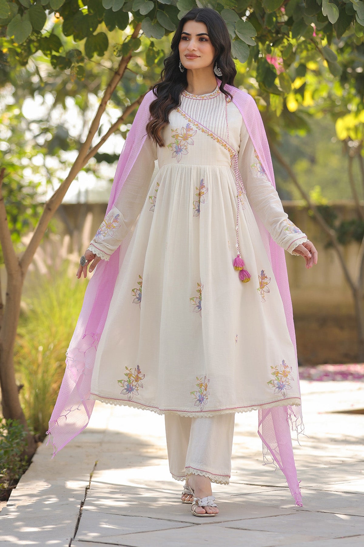 Cream Mul Mul Embroidered Anarkali Suit Set With Dupatta