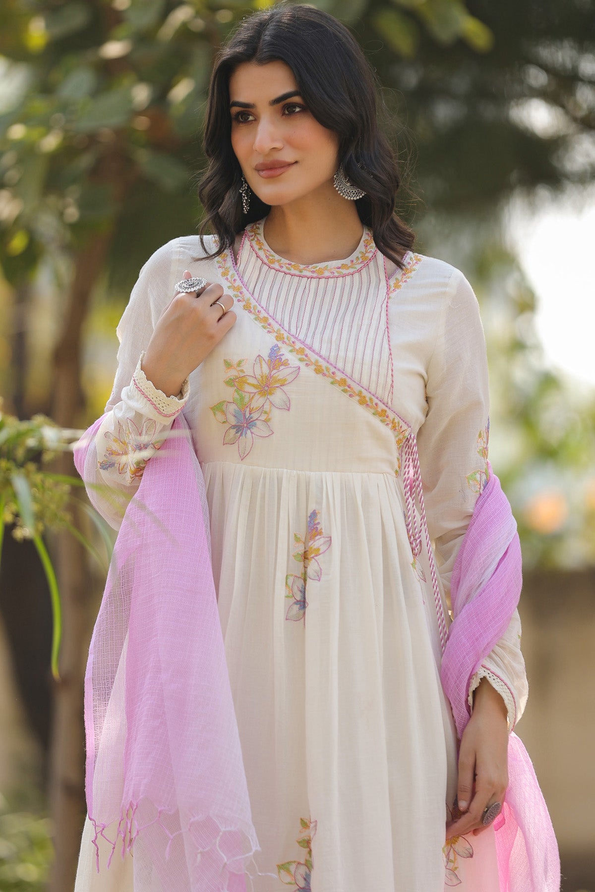 Cream Mul Mul Embroidered Anarkali Suit Set With Dupatta