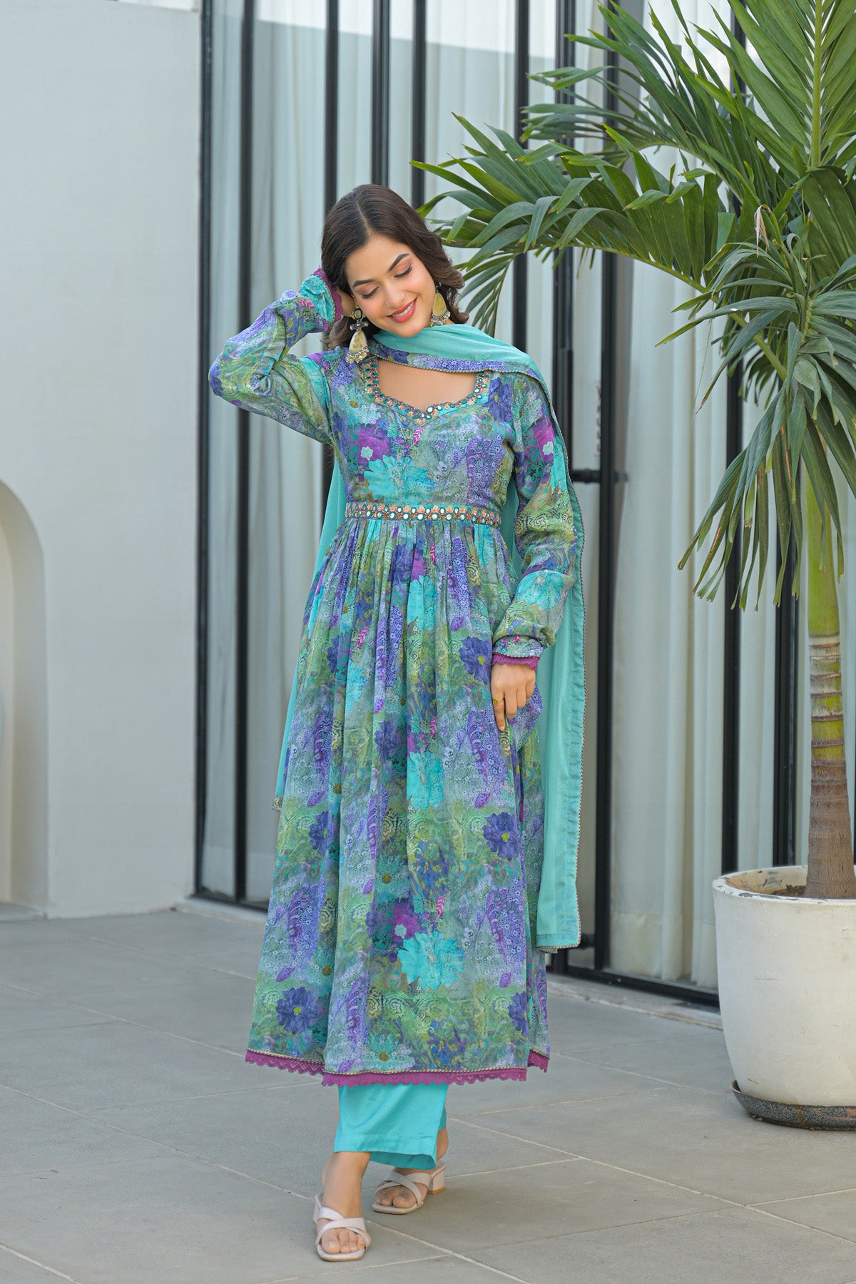 Blue Chinon Silk Handwork Anarkali Suit Set With Dupatta
