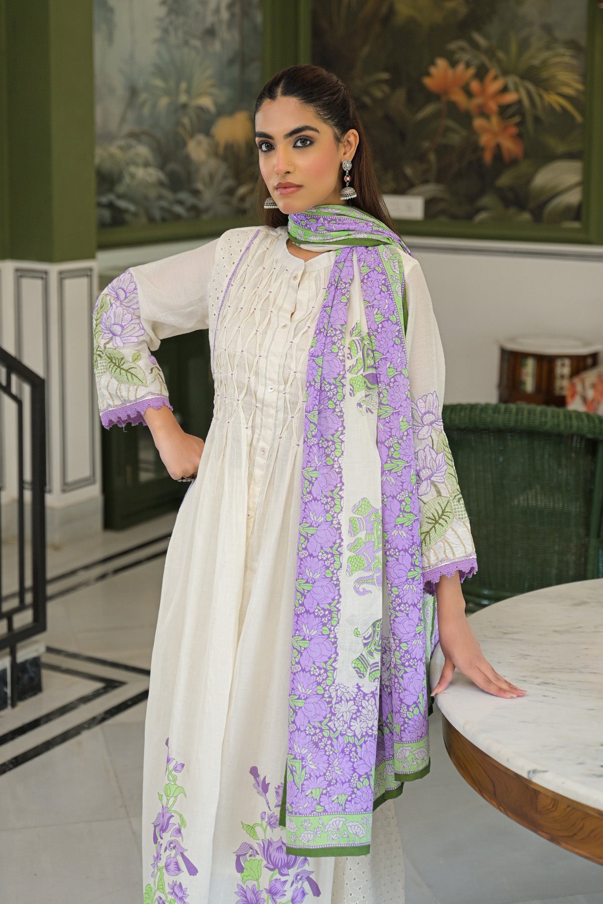 Purple Mul Mul Embroidered Anarkali Suit Set With Dupatta