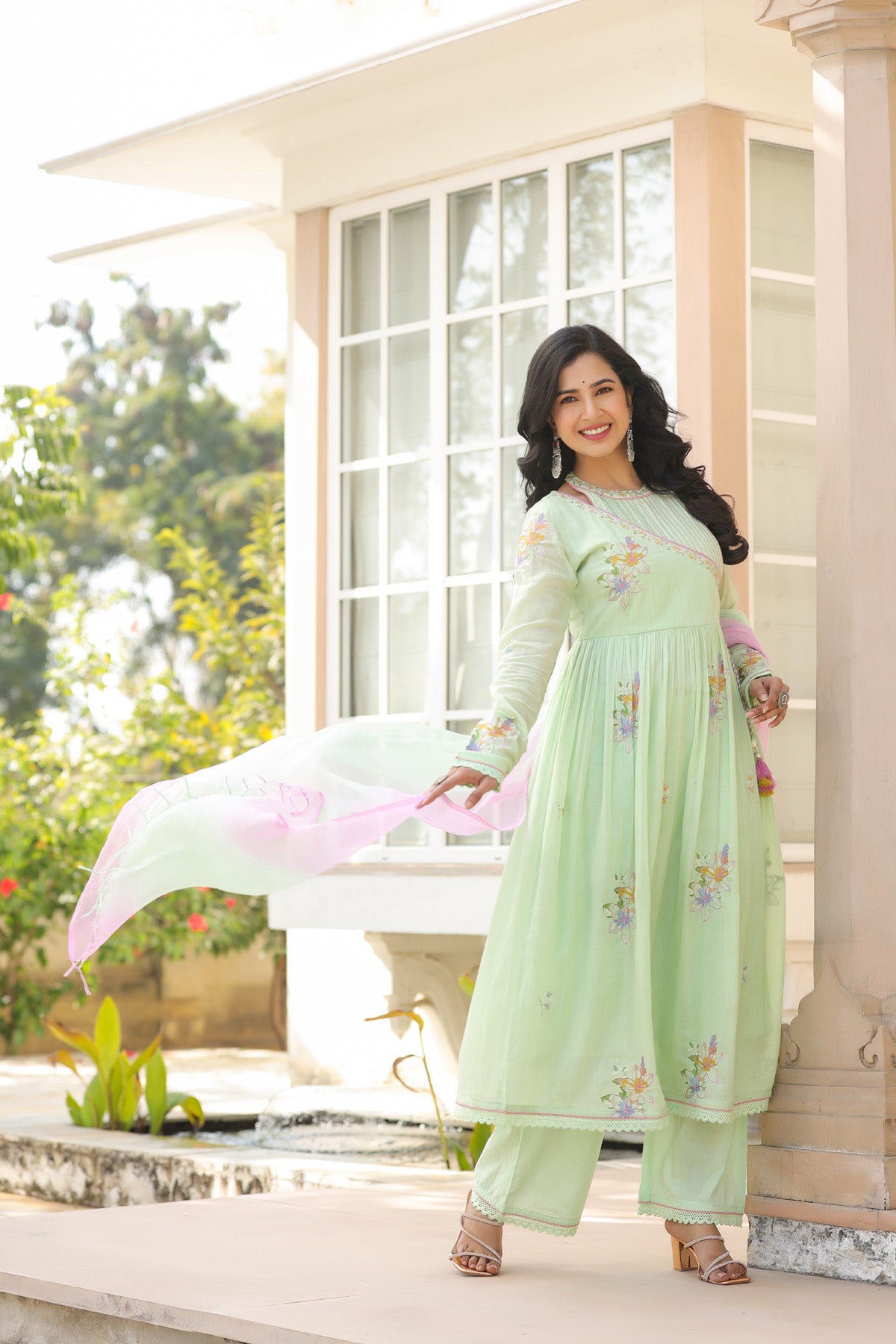 Green Mul Mul Embroidered Anarkali Suit Set With Dupatta