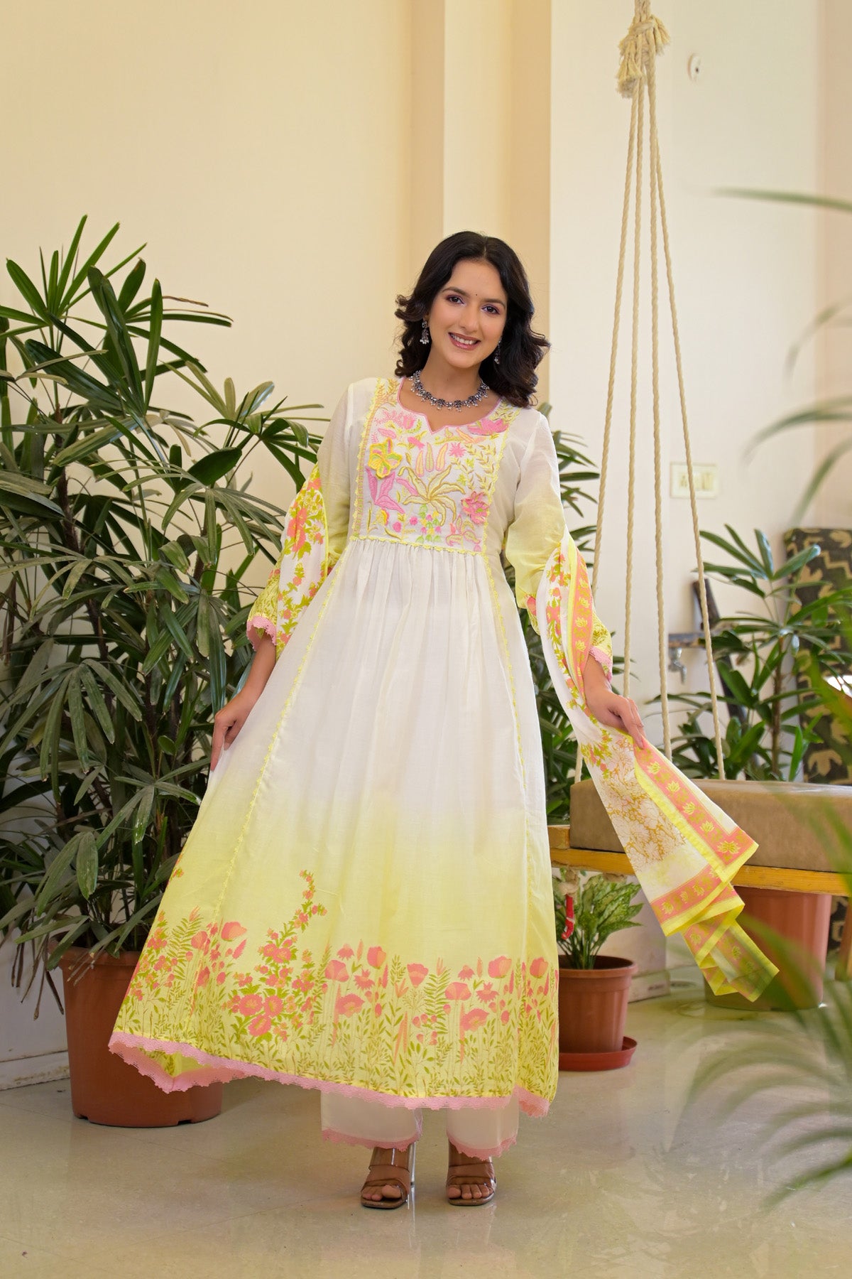 Yellow Mul Mul Embroidered Anarkali Suit Set With Dupatta