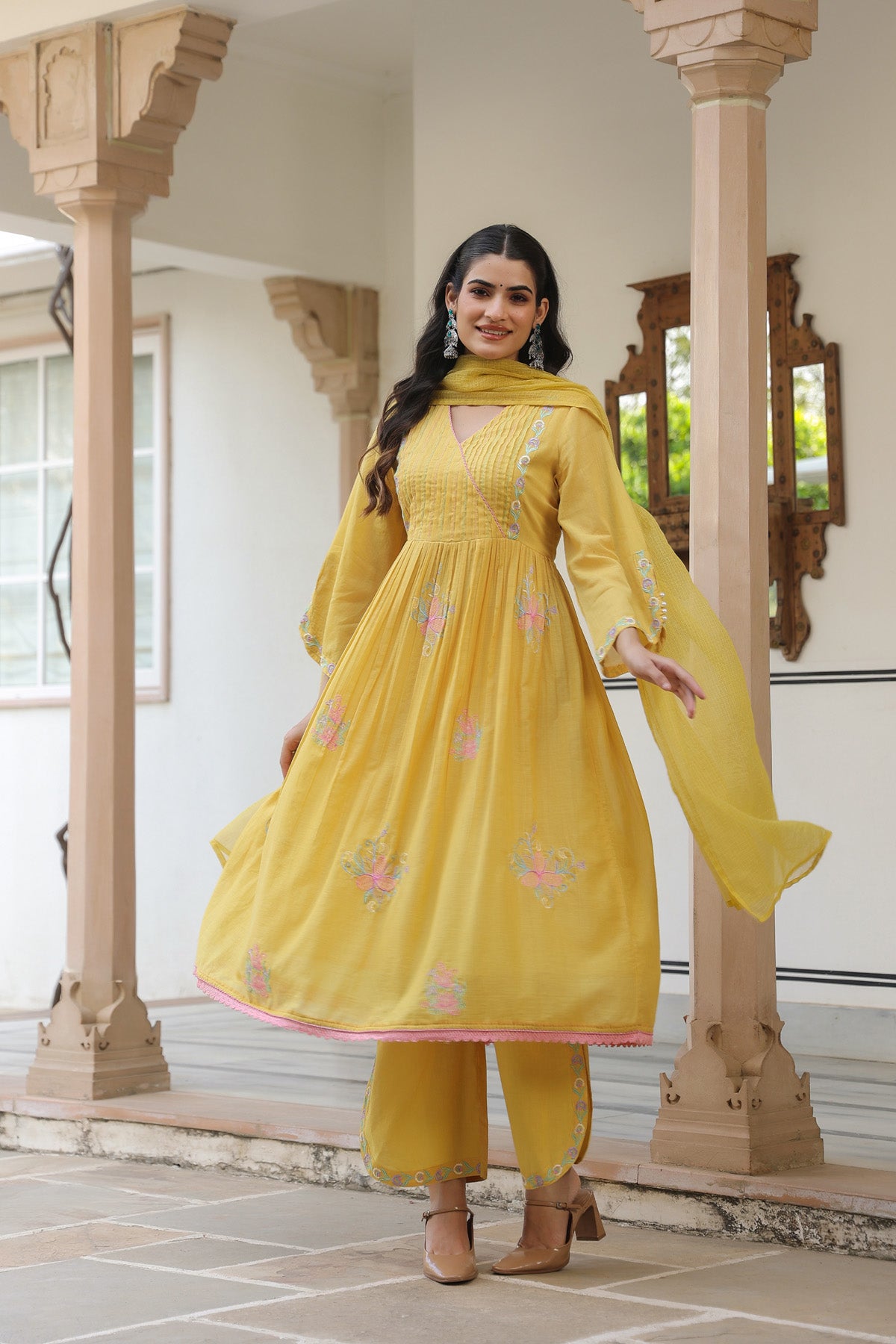 Yellow Mul Mul Embroidered Anarkali Suit Set With Dupatta